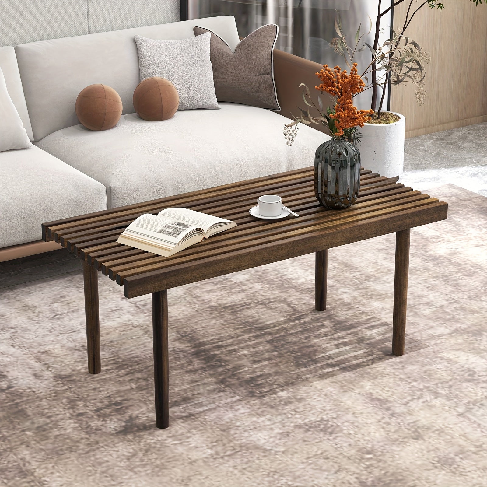 1pc 102cm Coffee Table, Wood Rectangle Cocktail Tea Table, Slatted Tabletop, Brown