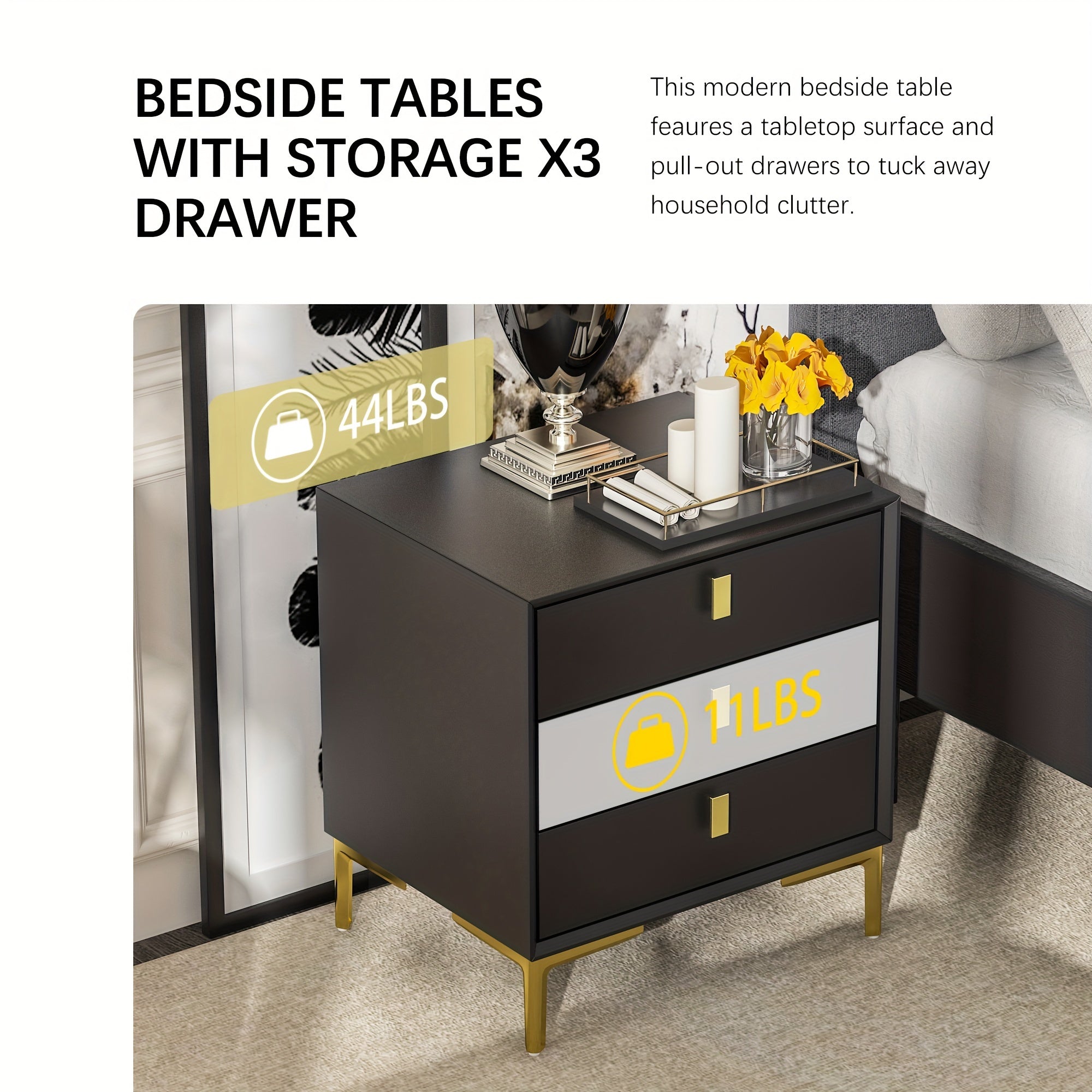 50cm Night Stand with 3 Deep Drawers, Modern Side Table with Metal Handles & Legs