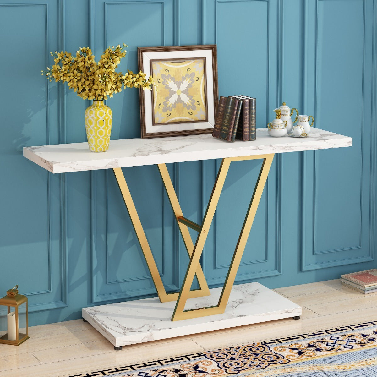 Console Table: 106.68 cm Industrial Entryway Table for Living Room - Narrow Sofa Table with Sturdy Metal Frame, Easy Assembly in Elegant Golden/White - Perfect for Holiday Decor and Creating a Warm, Welcoming Entrance