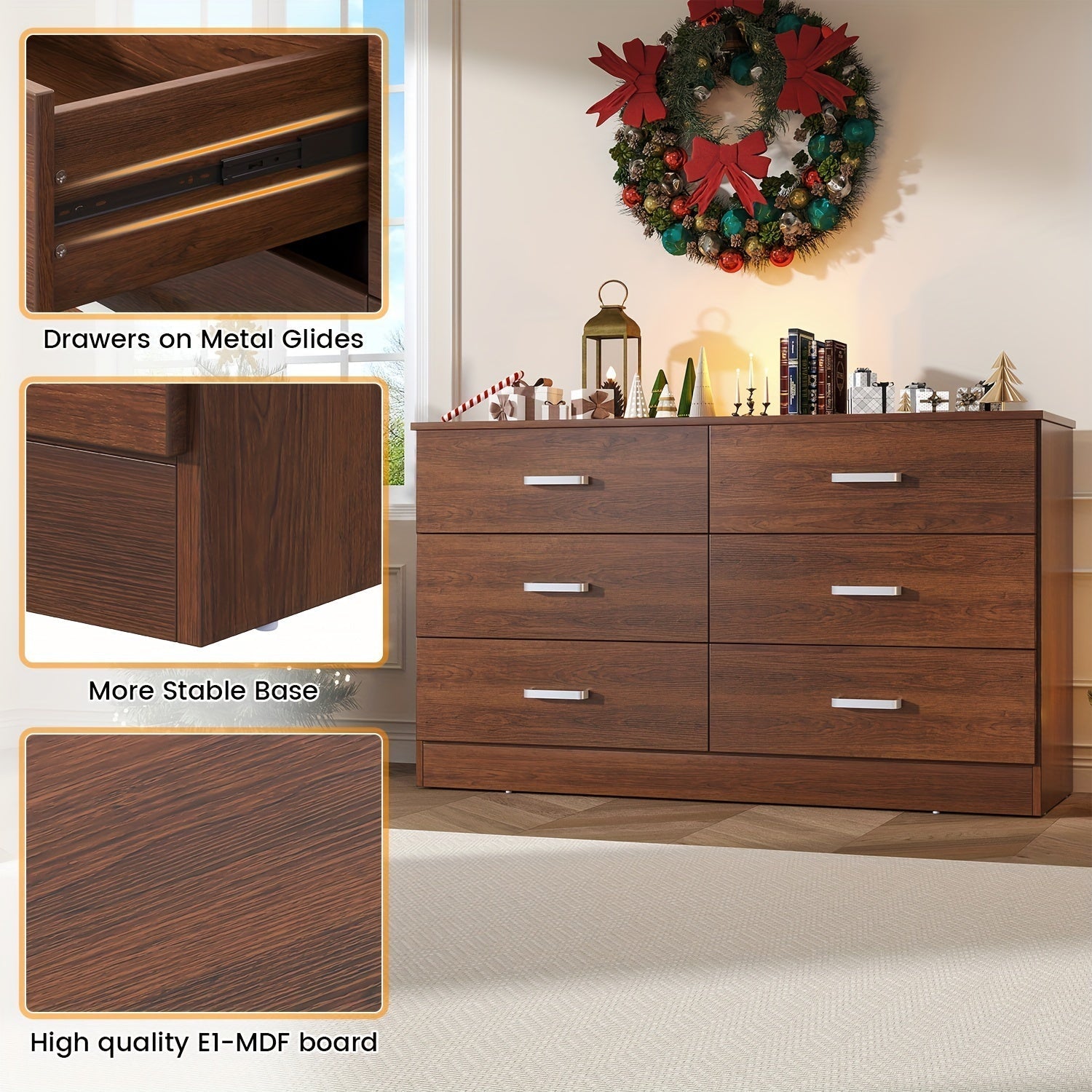 Brown Bedroom Dresser For Bedroom, 6 Drawers Dresser, Large Chest Of Drawers Storage Organizer, Long Dresser TV Stand