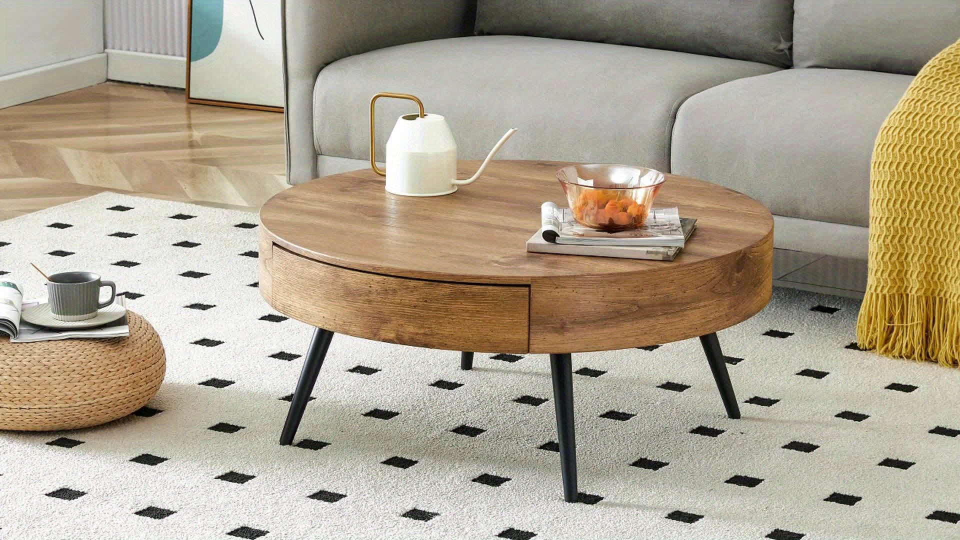 Chic Round Coffee Table with Wood Grain Top & Metal Legs - Includes Storage, Perfect for Living Room or Tea House Decor