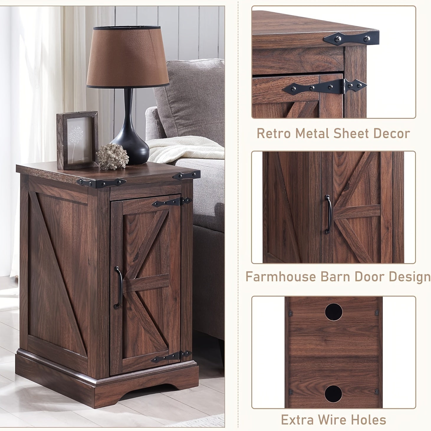 Nightstand With Charging Station, Rectangular Farmhouse End Table With Barn Door And Adjustable Storage Shelf, 17" Deep Wood Rustic Sofa Side Table For Living Room, Bedroom