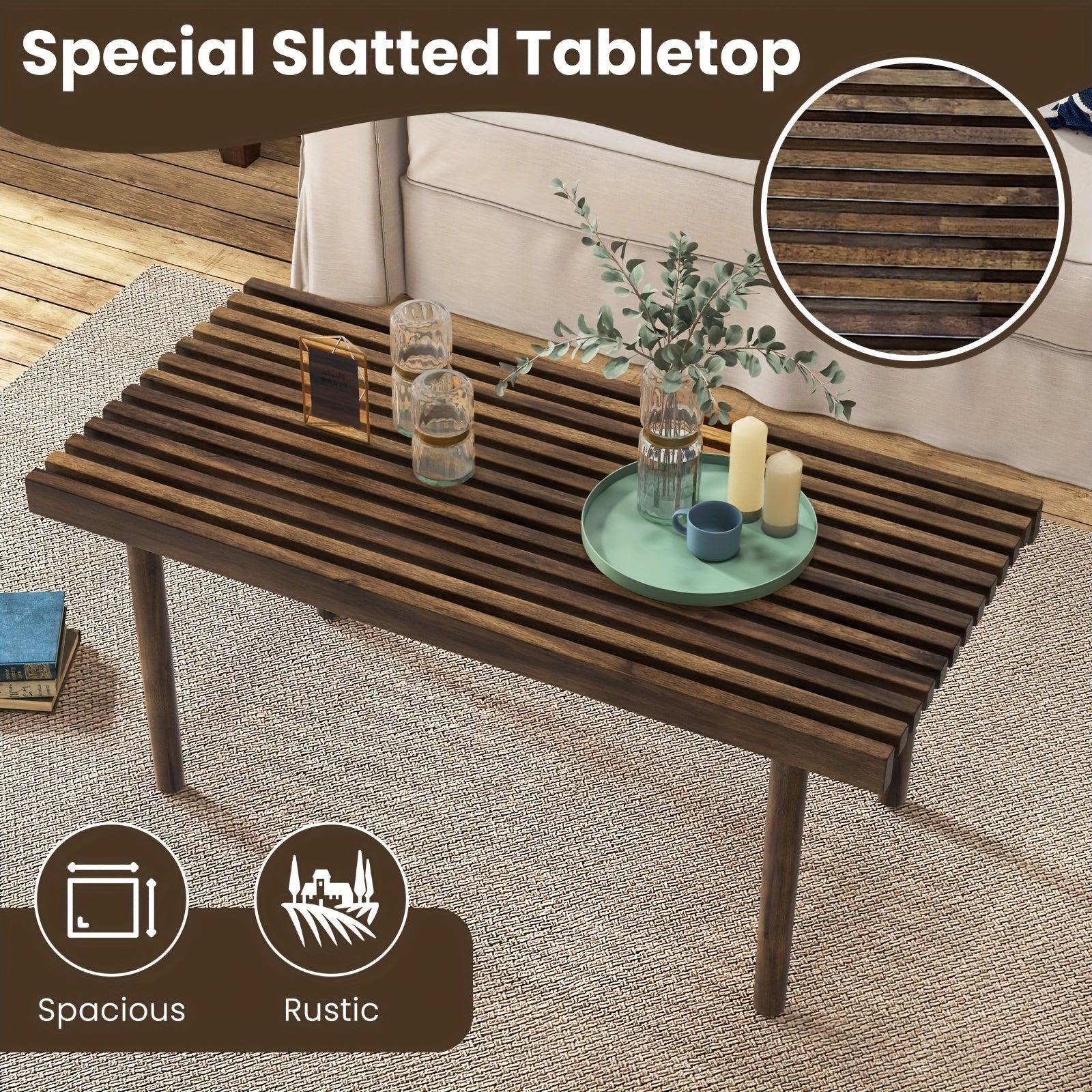 1pc 102cm Coffee Table, Wood Rectangle Cocktail Tea Table, Slatted Tabletop, Brown