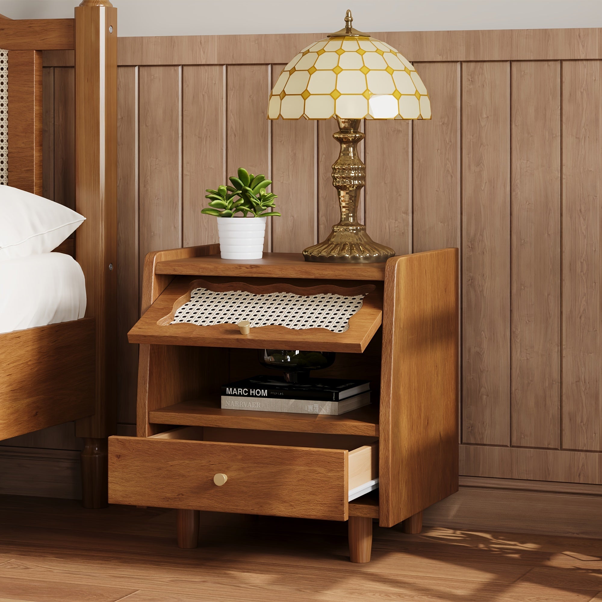 Elegant Wooden Nightstand with Rattan-Woven Storage Cabinet & Drawer - Natural Hardwood Finish, Scalloped Top with Decorative Cut-Out Patterns, Ideal for Bedroom Elegance, Bedroom Decor