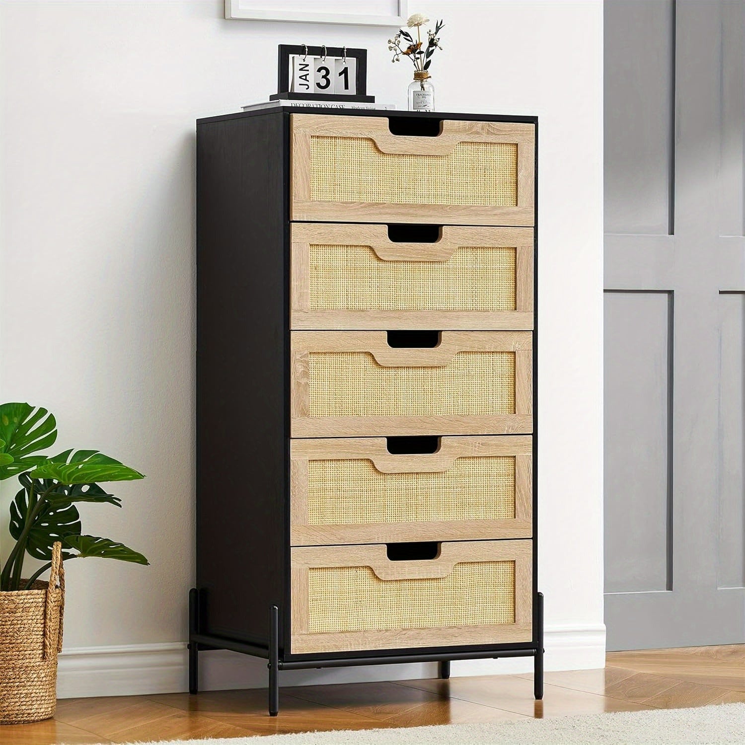 Natural Rattan 5 Drawer Dresser, Chest of Drawer, Farmhouse Storage Cabinet with Solid Metal Legs, Modern Storage Unit for Bedroom, Living Room, Entryway, Black+Oak