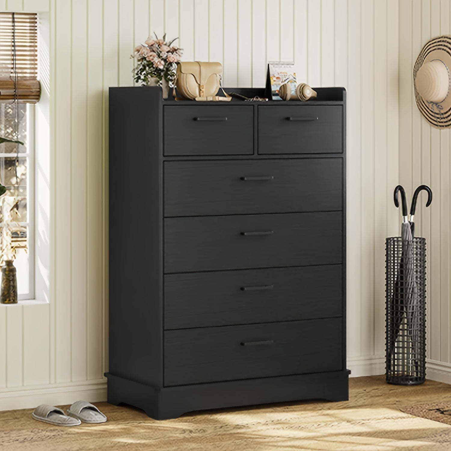 Black 6 Drawer Dresser Modern Chest of Drawers Storage Organizer for Bedroom Living Room