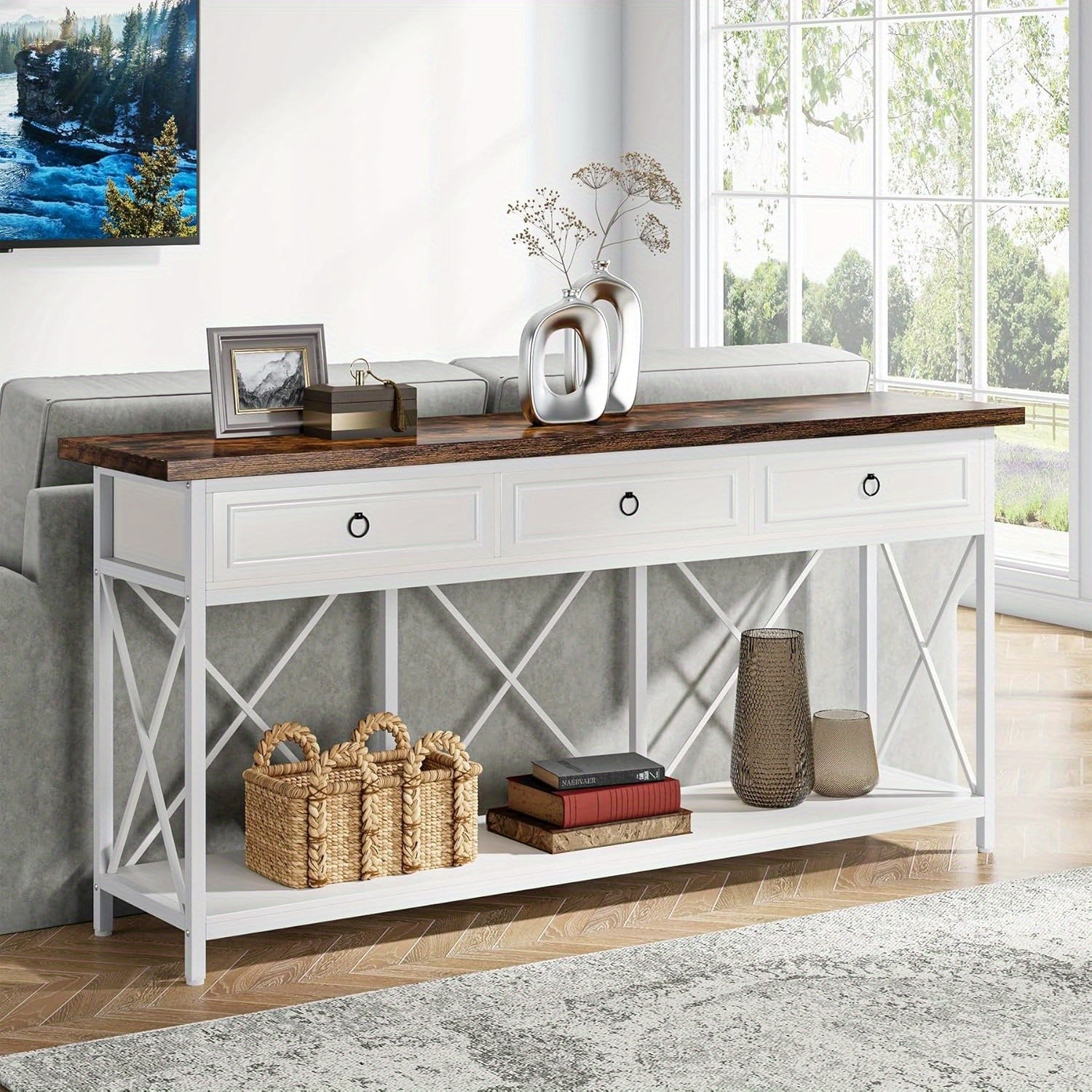 Farmhouse Entryway Table with Storage Shelf, Console Table with 3 Drawers, Narrow Long Sofa Foyer Table for Entryway, Hallway (Dimensions in cm)