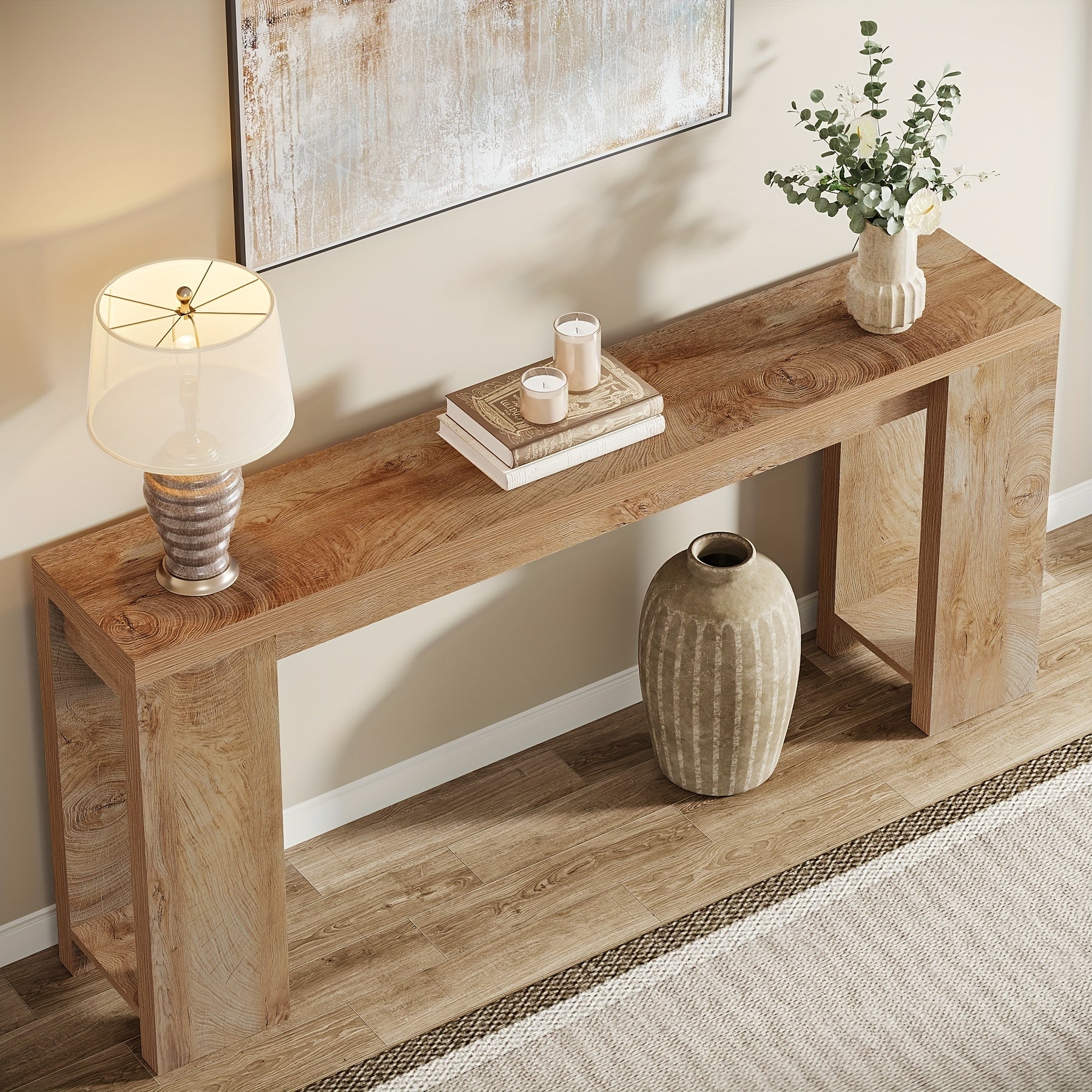 Chic 180 cm Light Oak Brown Console Table - Modern Farmhouse Style, Space-Saving Design with Ample Storage & Display Space for Entryway, Living Room, Hallway - Features Natural Wood Grain & Minimalist Elegance, Home Decor