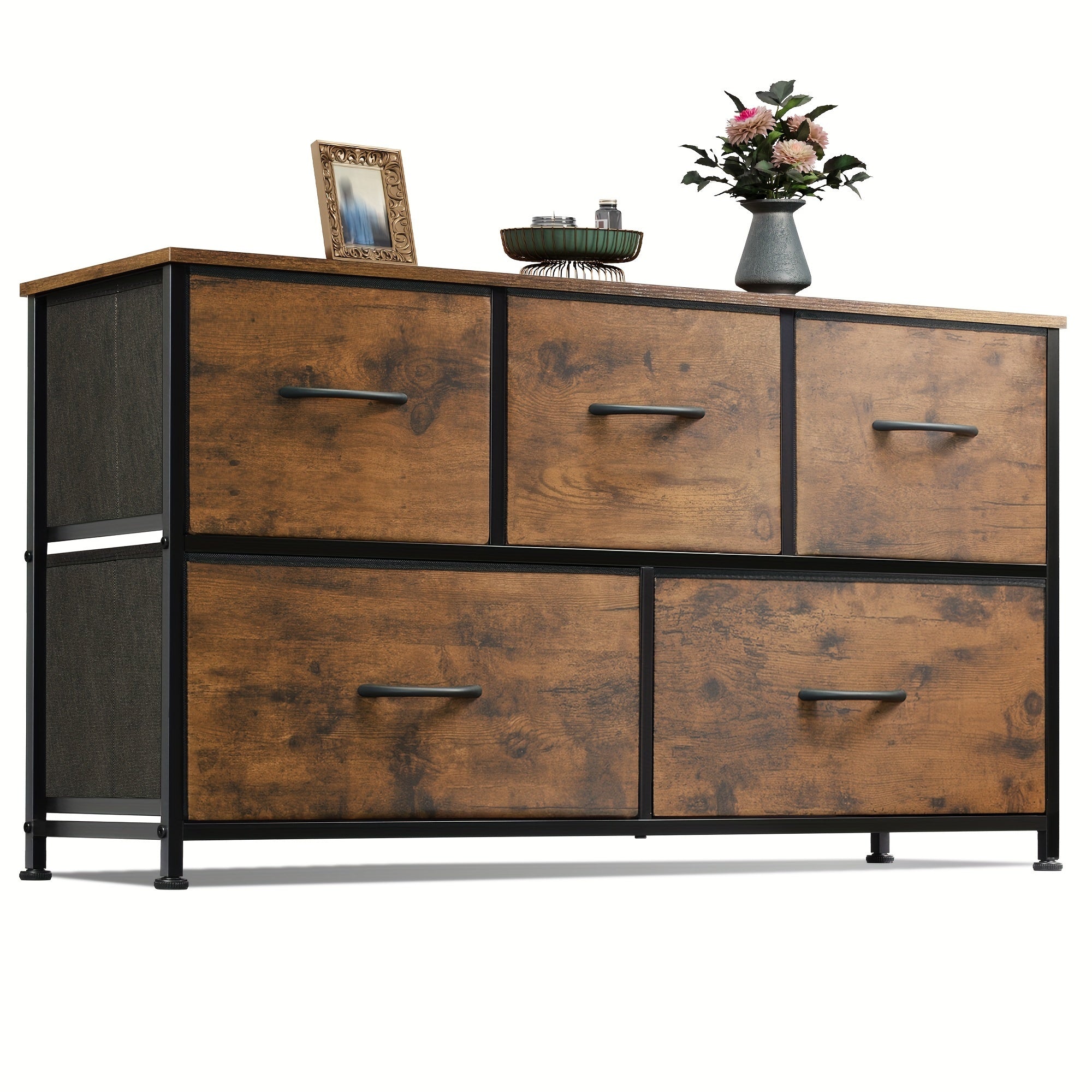 Dresser for Bedroom with 5 Drawers, Wide Chest of Drawers, Fabric Dresser, Storage Organizer Unit with Fabric Bins for Closet, Living Room, Hallway, Rustic Brown Wood Grain Print