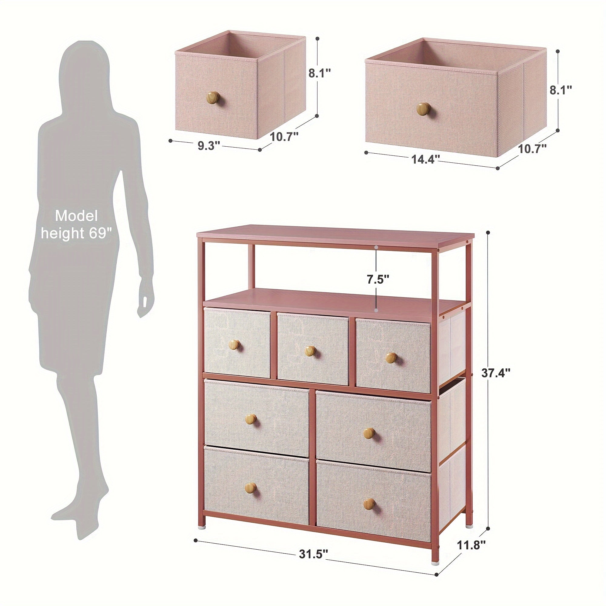 Pink Dresser, Dresser For Bedroom With 7 Drawers, Chests Of Drawers & Fabric Dresser For Bedroom With Wood Top And Metal Frame, Dresser For Living Room, Closet, Entryway