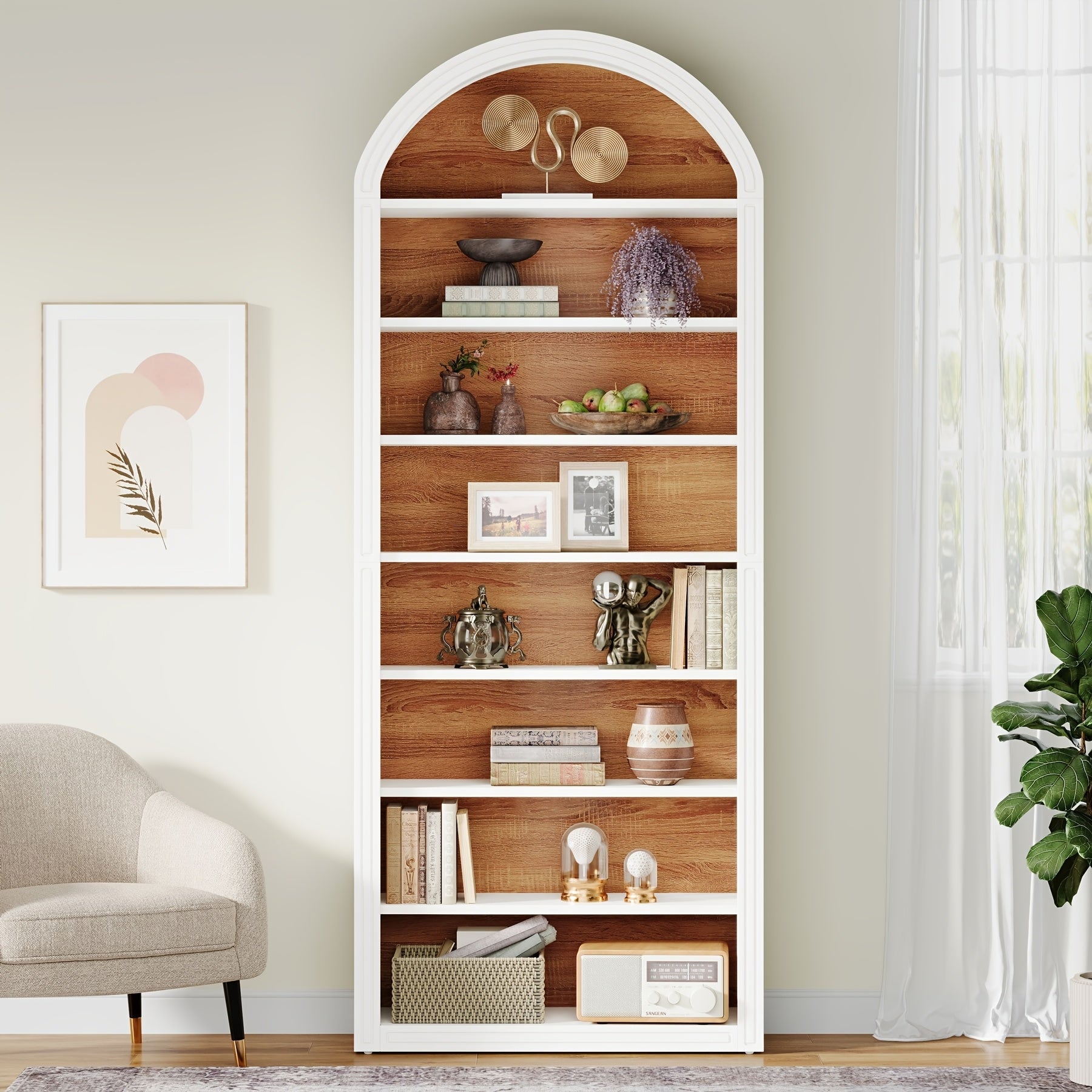 8-Tier Arched Bookshelf, Modern White Arched Bookcase With Storage Shelves, 78.7" Tall Floor Standing Wood Open Display Shelving Unit For Living Room, Bedroom, Home Office (1pc, White & Brown)