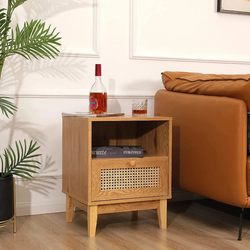 Nightstand with Natural Rattan Door Rattan Drawer; Wooden Bedside Table End Table for Living Room and Bedroom