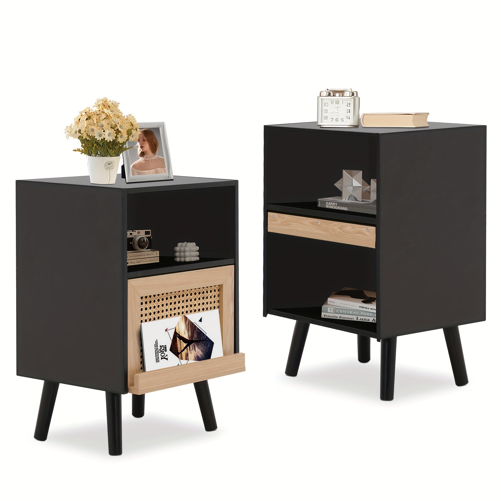 1pc/Set or 2 pcs/Set  Rattan Nightstand, Wooden End Side Table, Bedside Table with Open Storage Shelve and Door, Night Stands for Bedroom Living Room