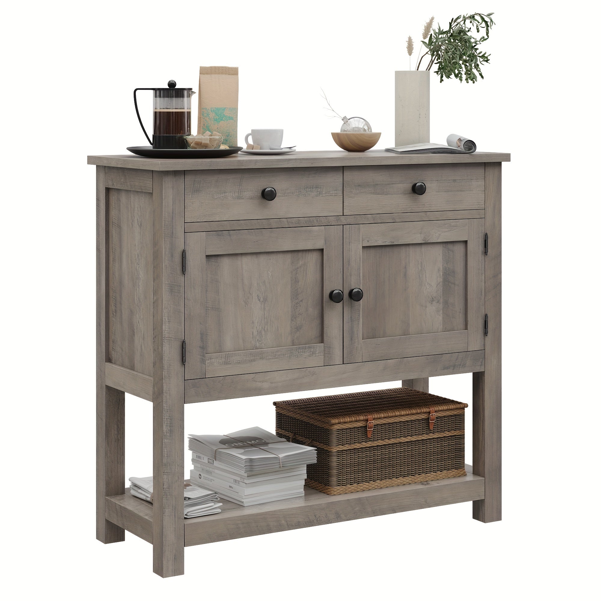 Farmhouse Console Table with 2-Door Cabinet & 2 Drawers, Coffee Bar, Entryway Table with Storage Shelf, Sofa Table Buffet Sideboard for Kitchen, Hallway, Entryway, Dining, Living Room, Ash Gray, Rustic Brown, White +" (Dimensions in cm)