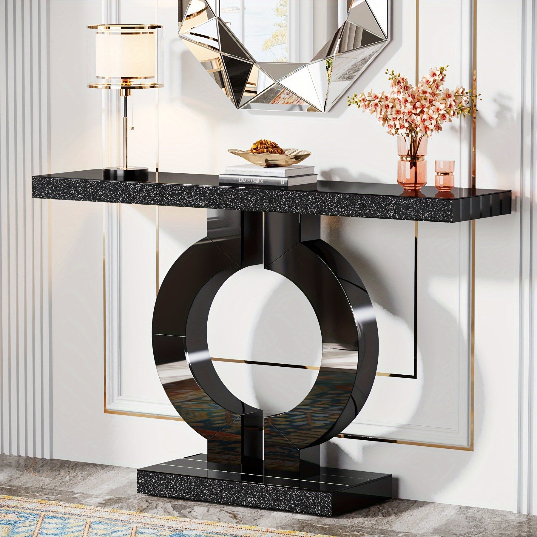 109.22 cm Mirrored Console Table, Modern Glass Sofa Table with Mirror Finish, Entryway Table with O-Shaped Base, Rectangular Accent Foyer Table for Living Room Hallway Entrance (Black & Silvery), Christmas Renewal