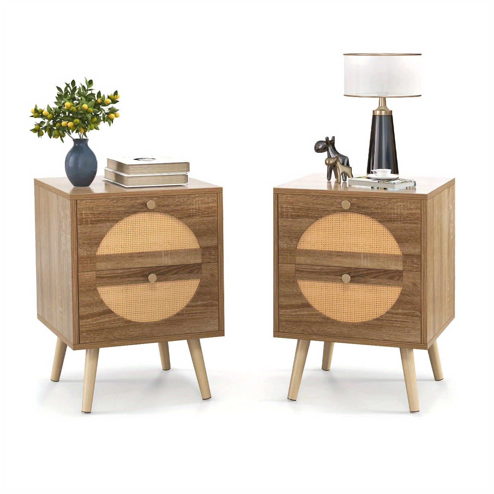 2pcs Set Bohemian Rattan Nightstands with 2 Drawers - Modern Chic Side End Tables with Solid Wood Legs, Woven Front Panels & Textured Detailing for Bedroom & Living Room Storage