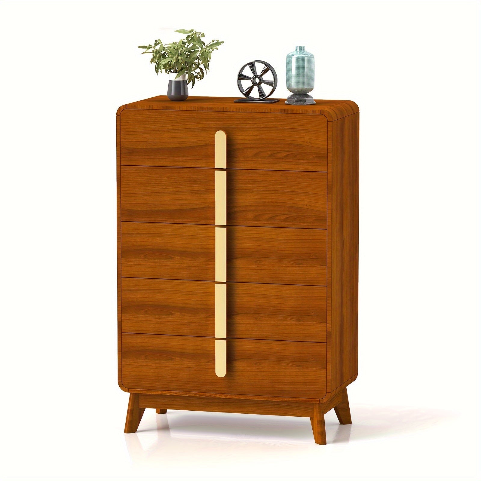 Elegant Cherry 5-Drawer Dresser | Mid-Century Modern Design with Sleek Metal Handles | Spacious Wooden Storage Organizer for Bedroom, Living Room, Hallway | Floor Standing, No Assembly Required