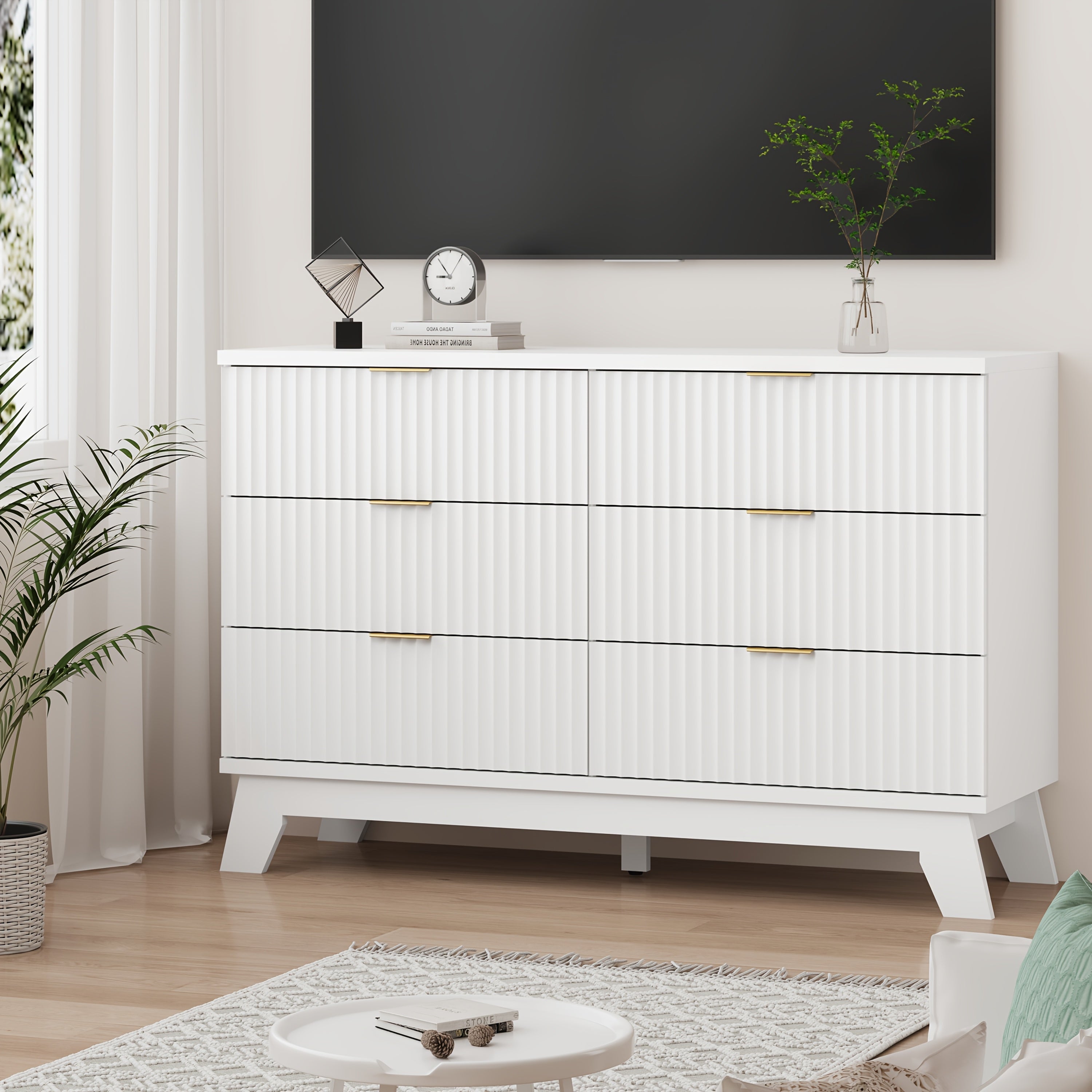 Elegant 6-Drawer Fluted Dresser in Pure White - Modern Chest of Drawers with Golden Metal Handles, 48" Wide, Hardwood Construction, Ideal for Bedroom & Living Room Storage, Living Room Furniture|Elegant Furniture Piece|Handle