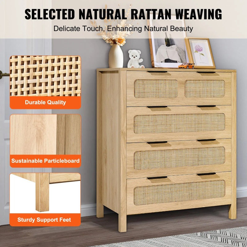 7 Drawer Rattan Dresser Boho Dresser Natural Rattan Chest of Drawers with Spacious Storage for Bedroom Living Room and Hallway Rattan Nightstand with Sturdy HandlesandLegs Natural Wood