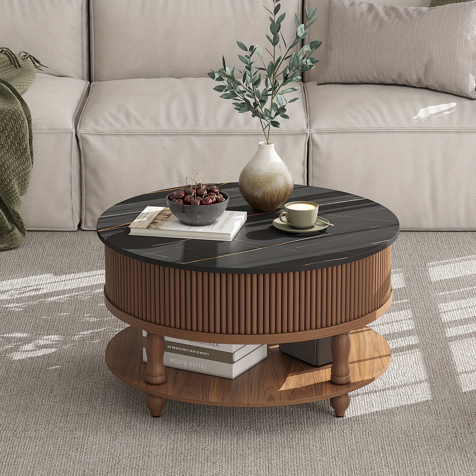 Round Coffee Table with Lifting Top, Mid Century Modern Coffee Table with Storage, Wood Circle Coffee Table for Living Room, 31.5" 2-Tier Small Center Table (Marble + Walnut)