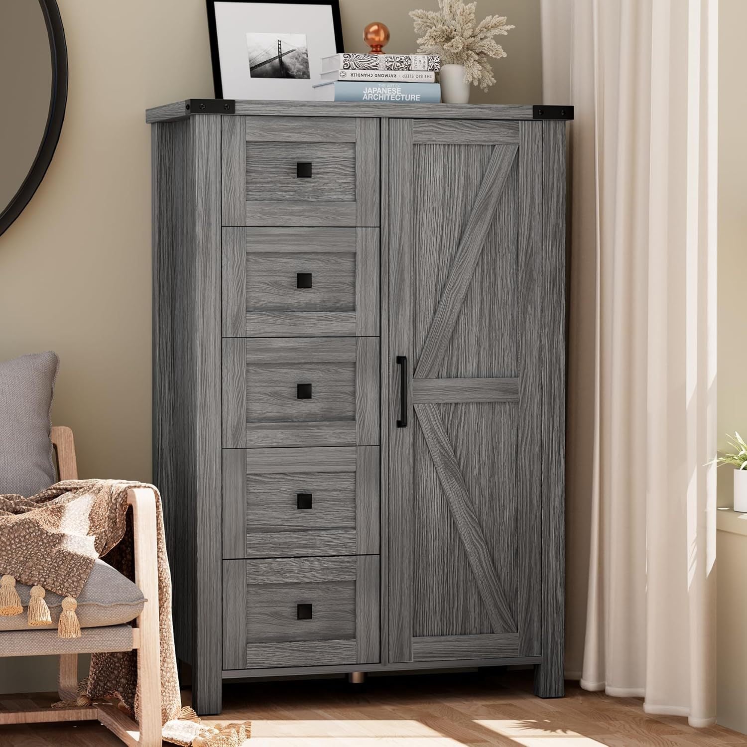 Farmhouse 5-Drawer Dresser with Barn Door, White Storage Cabinet for Bedroom, 48 Inch Tall, Under 3.2 Cubic Feet