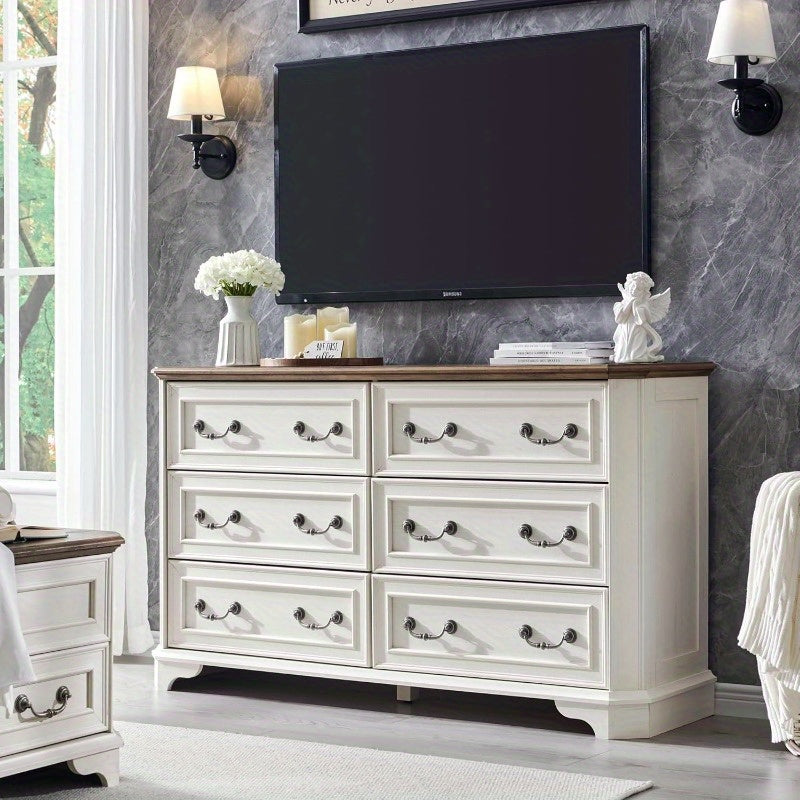 Charming Rustic Farmhouse 6-Drawer Dresser - 54" Wide, Antique White with Natural Wood Grain Finish, Beveled Edges for Safety & Style, Spacious Storage Organizer for Bedroom and Living Room