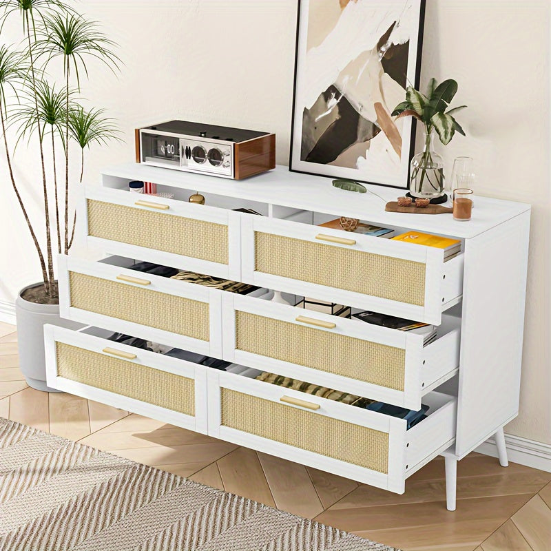 Elegant White Rattan 6-Drawer Dressing Table with Golden Handles | Modern Storage Cabinet with Textured Front Panels | Ample Organizer for Bedroom, Living Room & Hallway | Stylish & Practical, Room Accessories