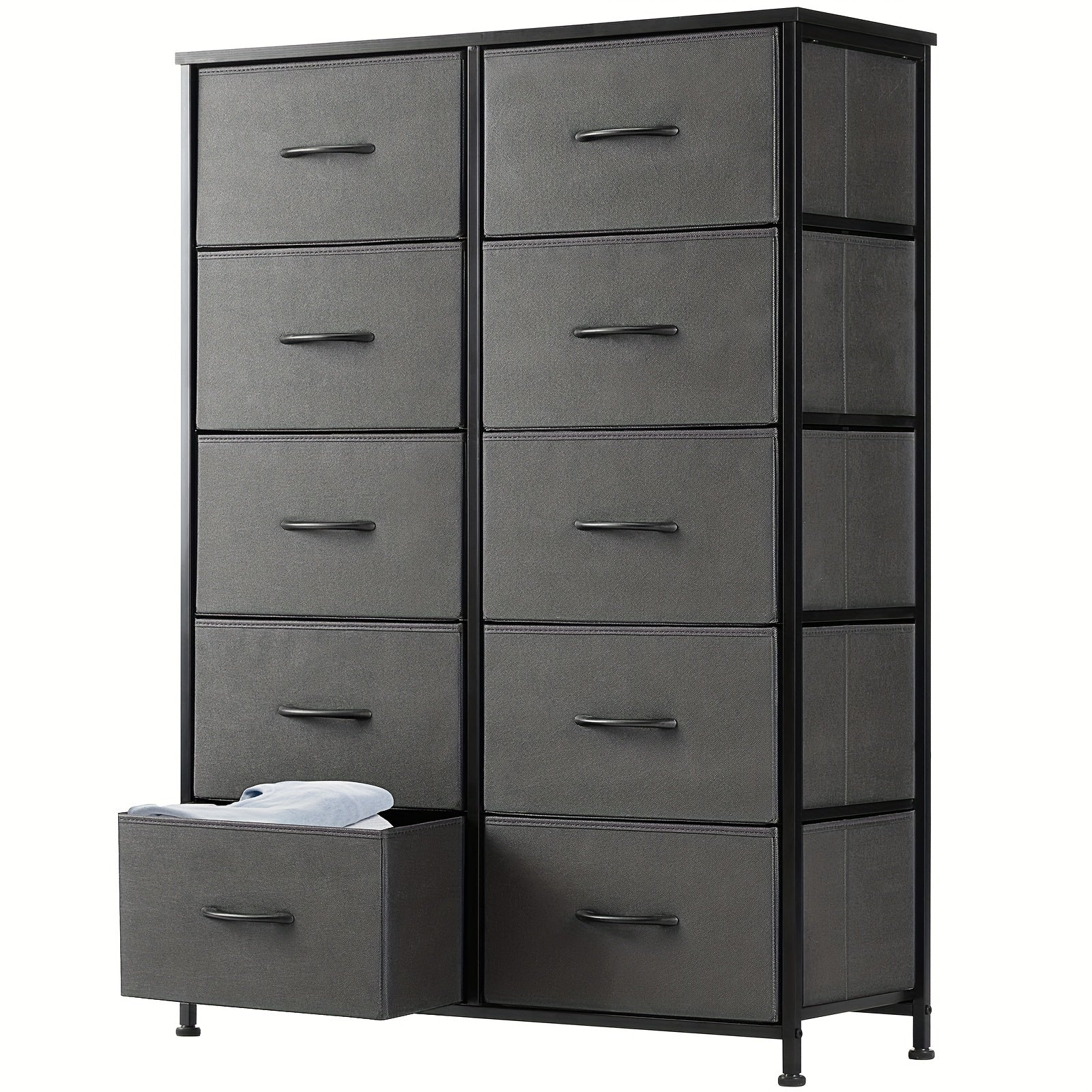 Dresser For Bedroom 10 Drawers, Storage Chest Of Drawers With Fabric Bins, Tall Dresser With Sturdy Steel Frame Clothes Organizer Wood Top For Closet, Hallway, Living Room, Display Stands, Risers