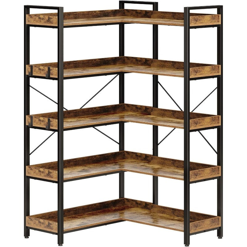 165cm Industrial 5-Tier Bookshelf with 4 Hooks - Reversible Corner Design, Hardwood & Metal Frame, Adjustable Feet for Living Room, Bedroom, Home Office, GREENSTELL