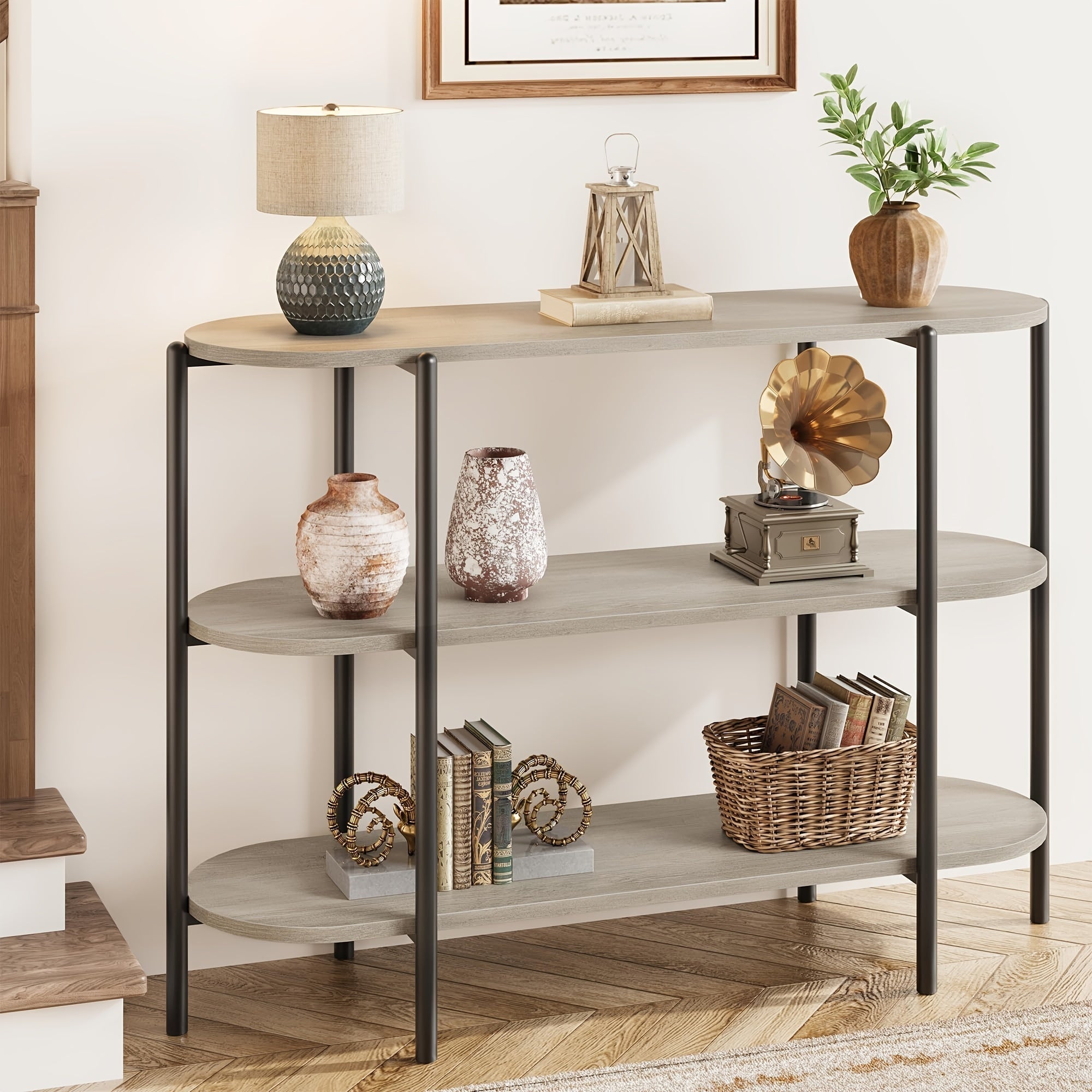 120 cm Console Table, 3 Tier Industrial Metal Sofa Table, Behind Couch Table, Farmhouse Hallway Table for Entry, Living Room, Kitchen, and Dining Room