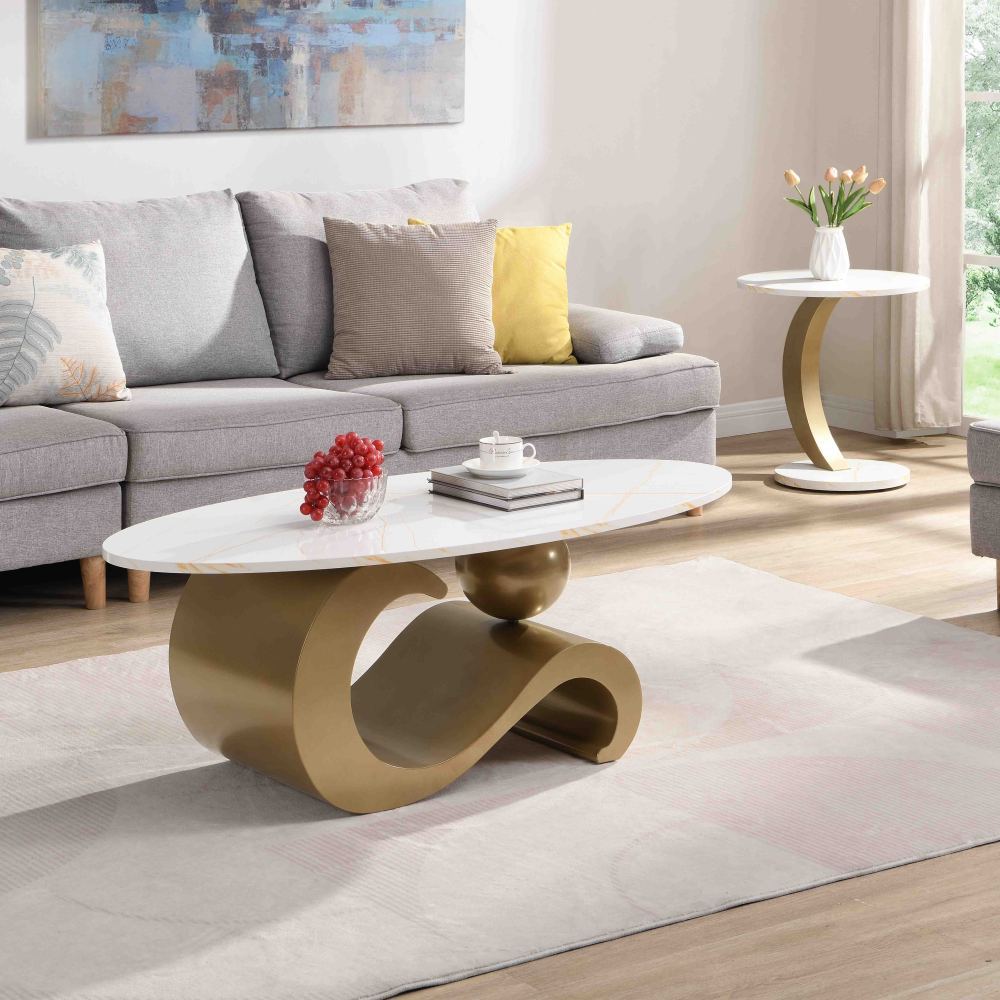 Modern Nesting Coffee Table, Set of 2 End Table for Living Room, Oval and Round Table Set, 2 Packages