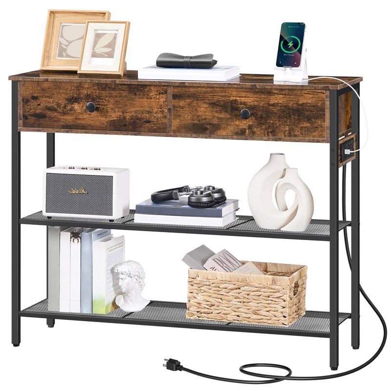 100 cm Narrow Console Table, 2 Drawer Console Table, Entry Table with Charging Station, Small Entry Table with Storage Rack, Thin Sofa Table, Side Table, Suitable for Living Room and Corridor