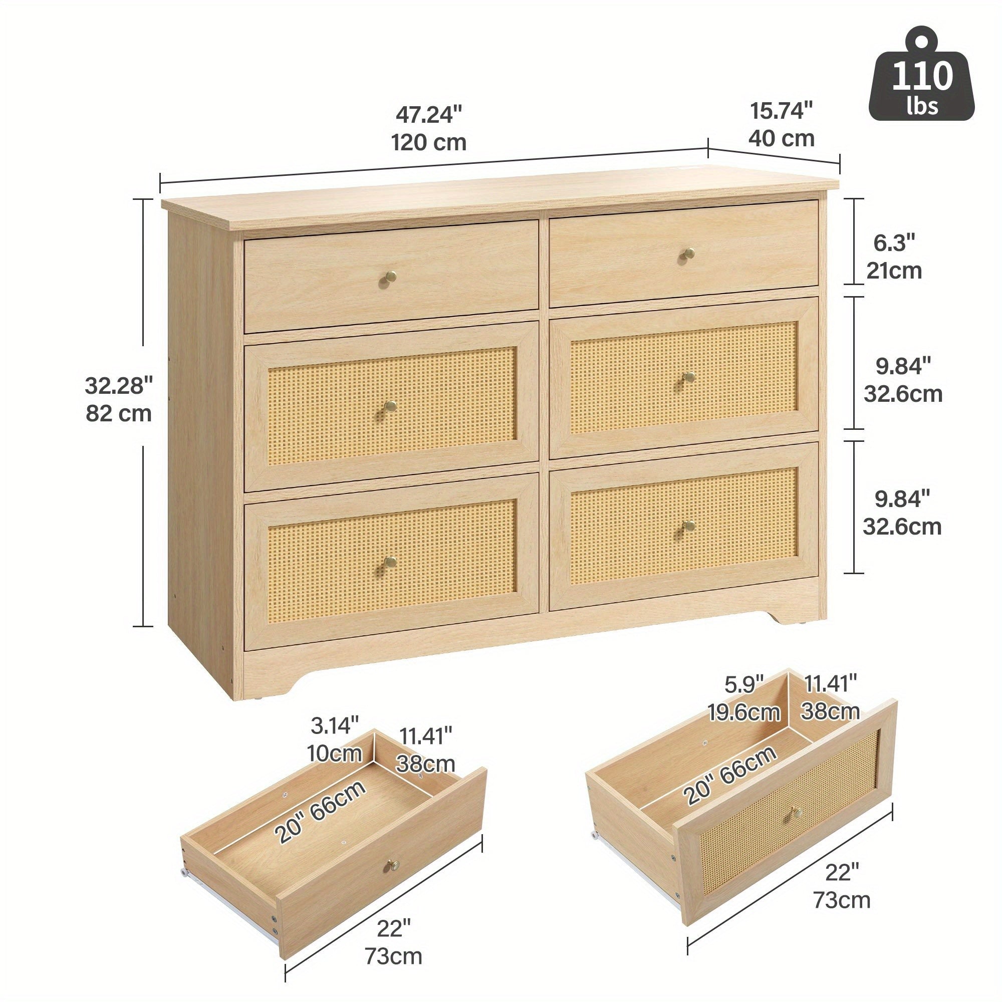 Modern 6-Drawer Dresser - Rattan Accents, Spacious Storage for Bedroom & Living Room, Durable Wood Construction with Golden Metal Pulls, Easy Assembly