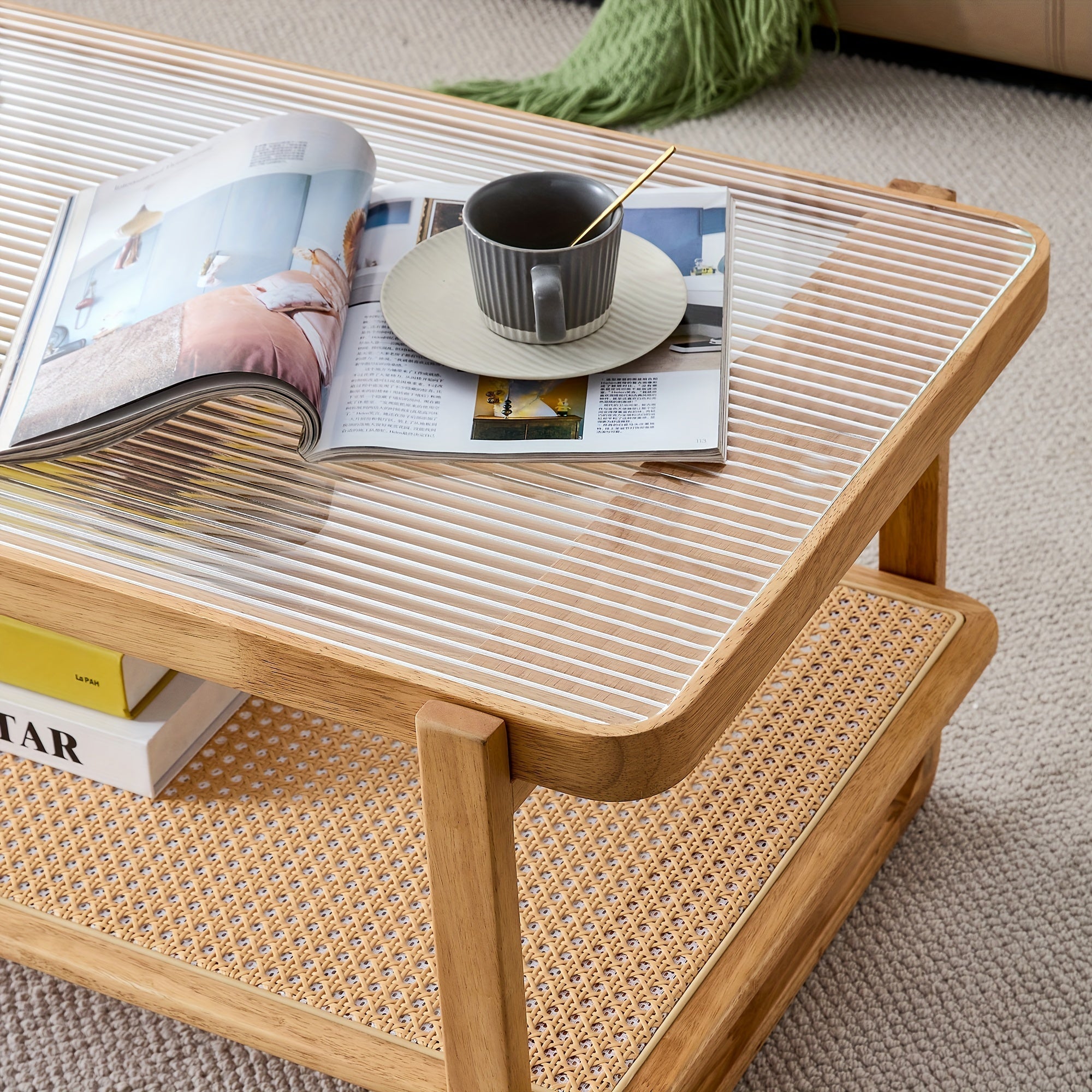 Mid Century Modern Coffee Table With Ribbed Glass Top And PE Rattan Storage Shelf, 45 Inch Rectangular Solid Wood Boho Coffe Table, Unique Center Table For Livinig Room Apartment Small Space