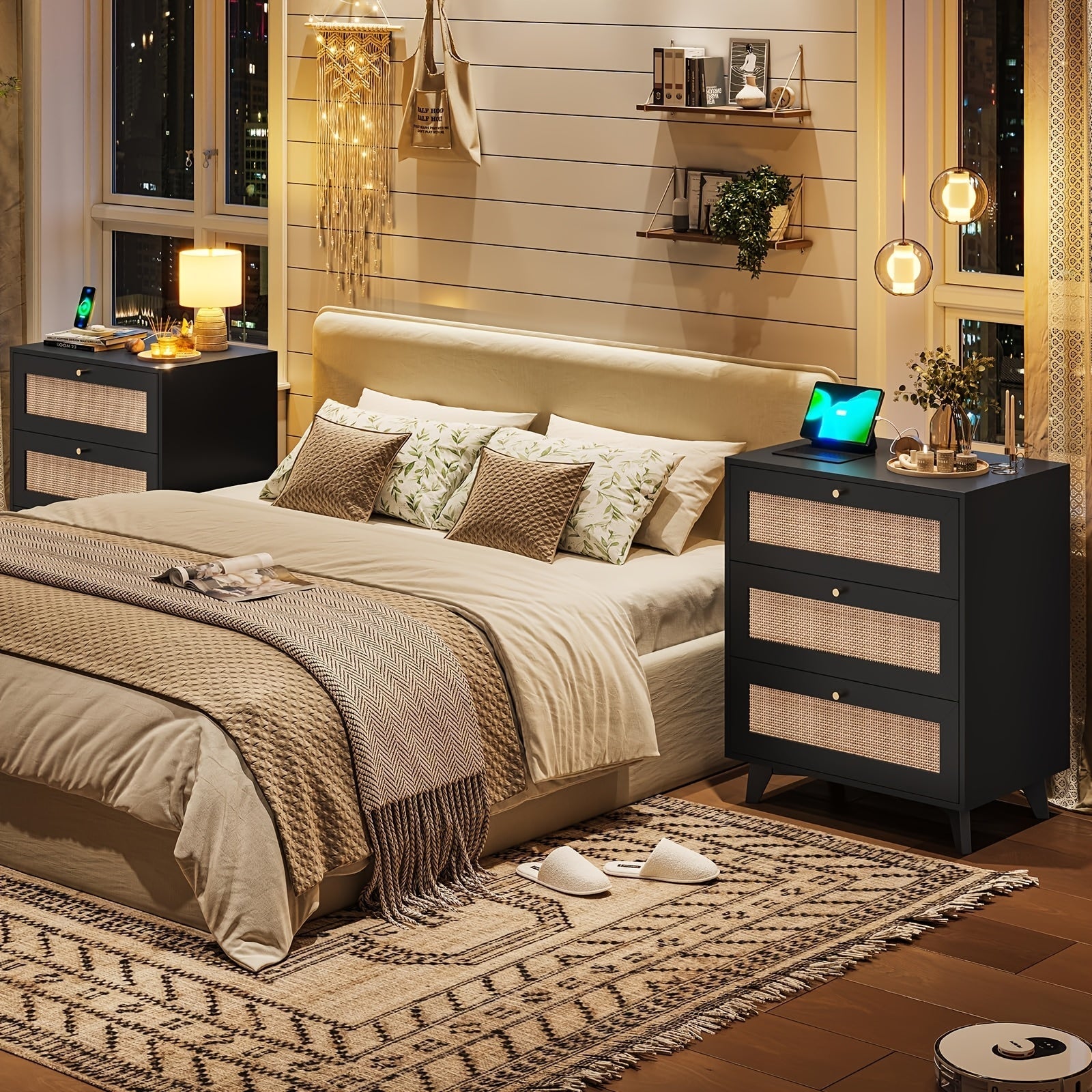 Boho Rattan Nightstand with 3 Drawers - Modern Metal Bedside End Table, Space-Saving Design for Bedroom