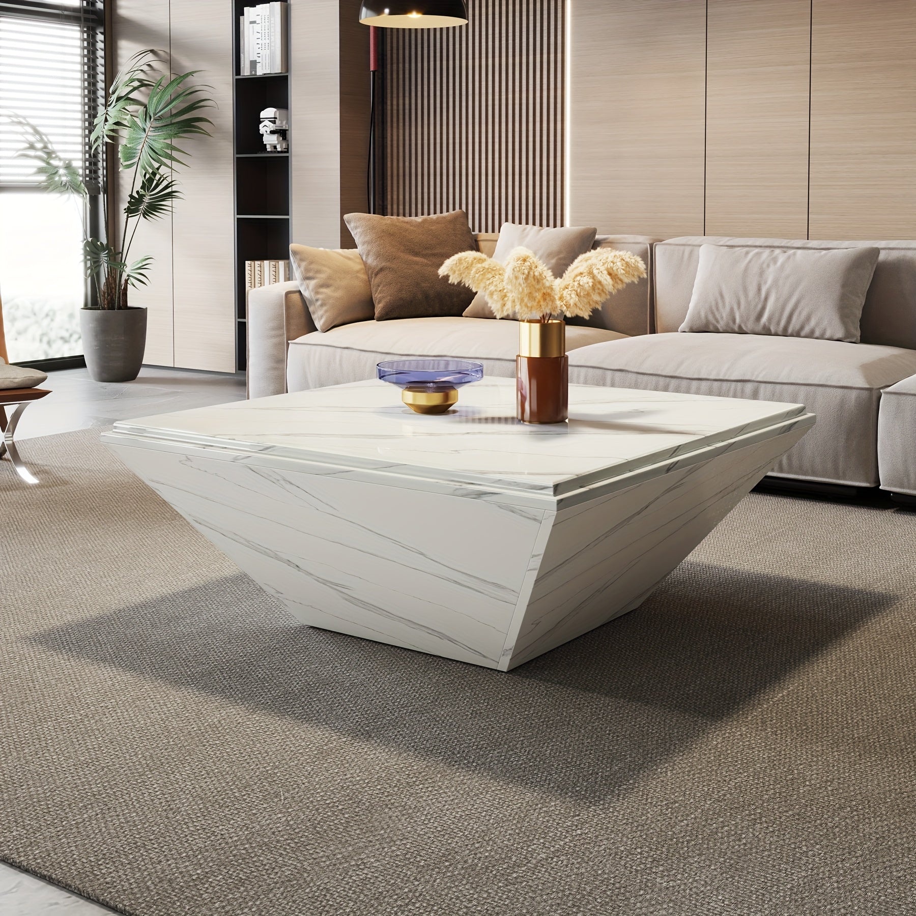 Modern 91cm Square Coffee Table with Faux Marble Top - Stain-Resistant, Large Engineered Wood Centerpiece for Living Room