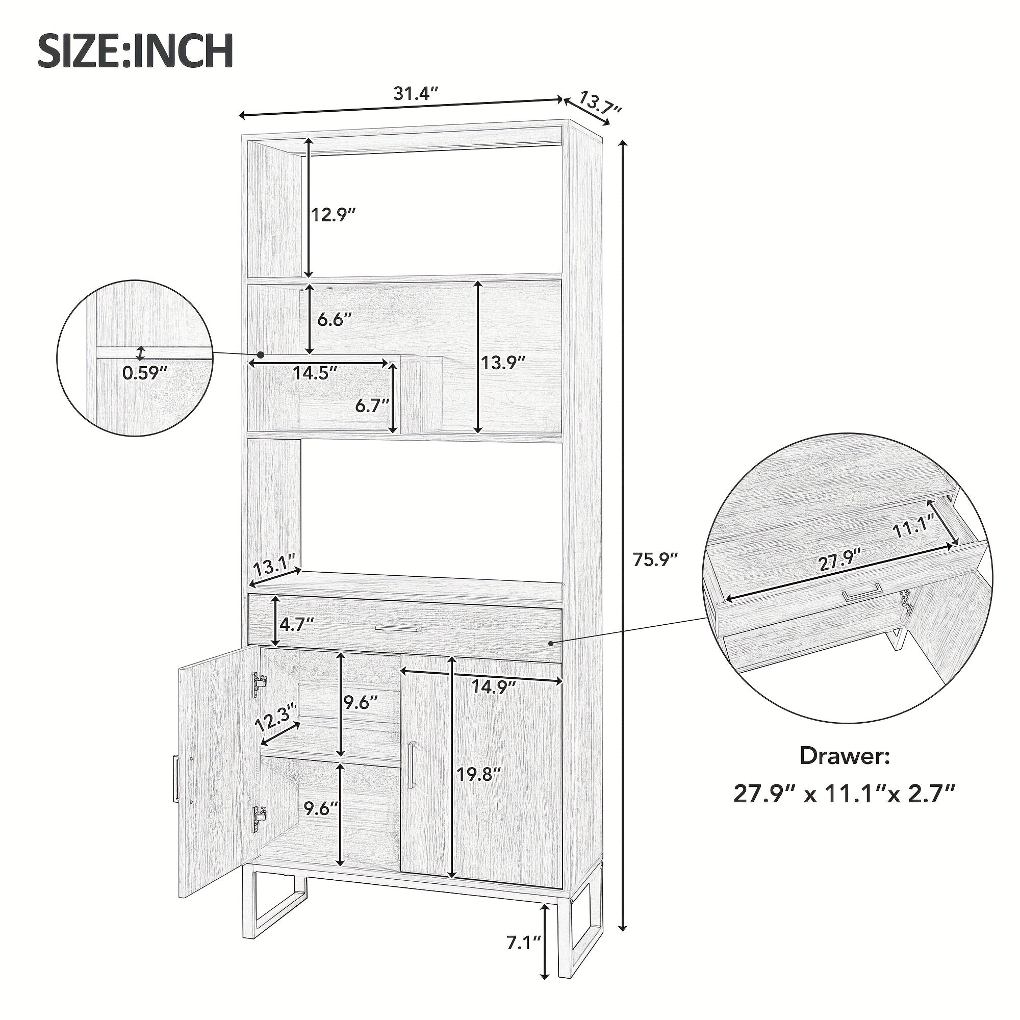 202cm Modern Open Bookshelf with Doors, Bookcase with Storage Drawer, Free Standing Display Rack, Walnut