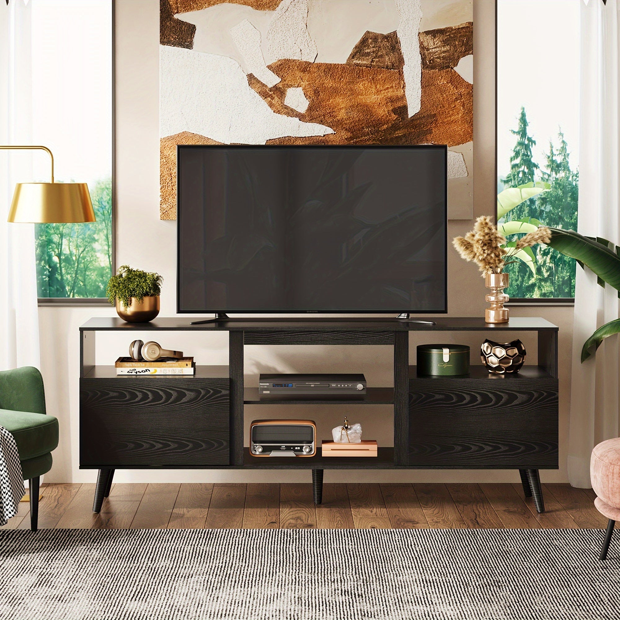 Mid-Century Modern TV Stand for 165cm TV - Hardwood Console with Open Shelves, MDF & Particle Board Construction, Freestanding Entertainment Center for Living Room and Bedroom