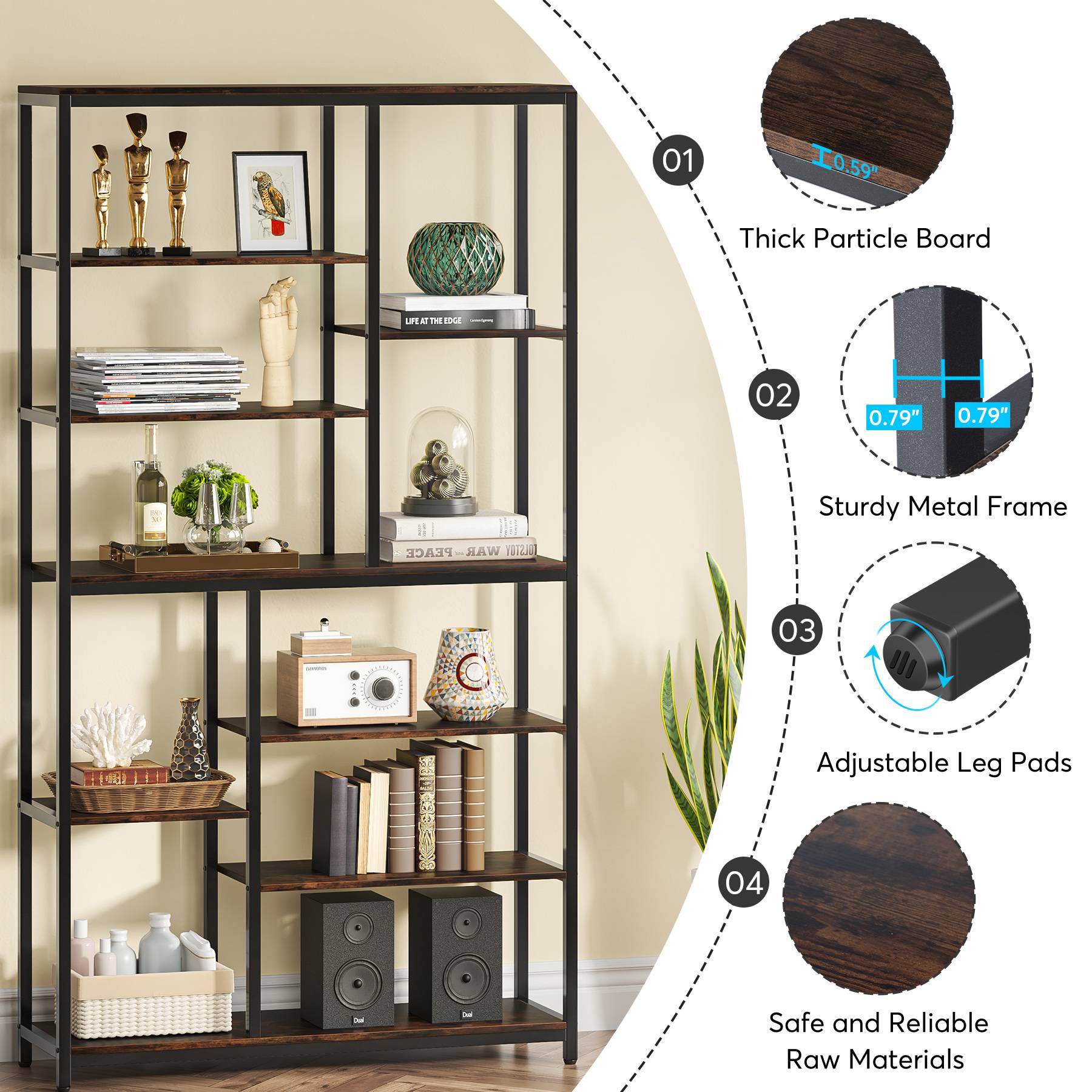 200 cm Tall Bookshelf, 8-Tier Staggered Etagere Bookcase Shelving Unit