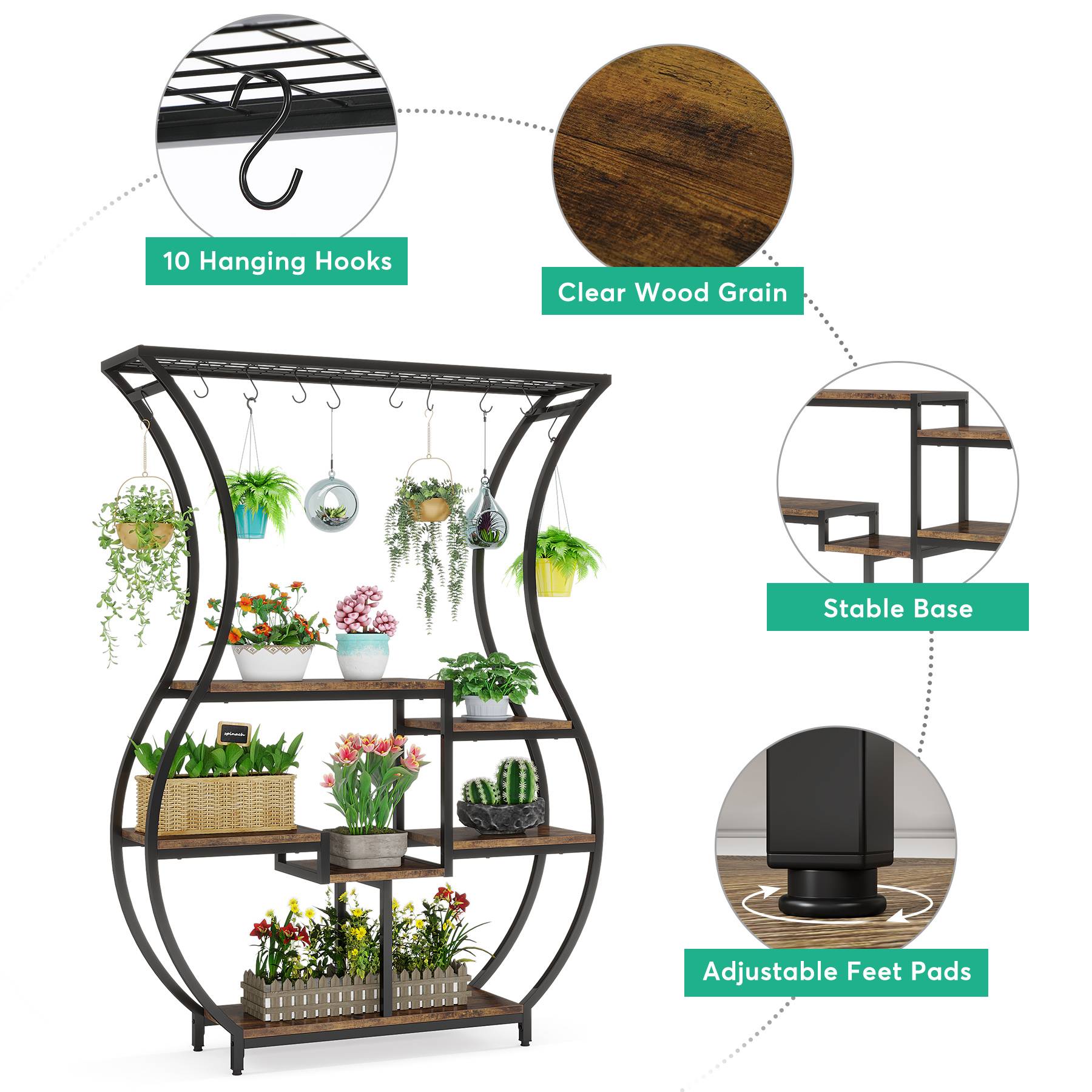 Vase-Shaped Plant Stand, 6-Tier Plant Display Rack with 10 Hanging Hooks (in cm)