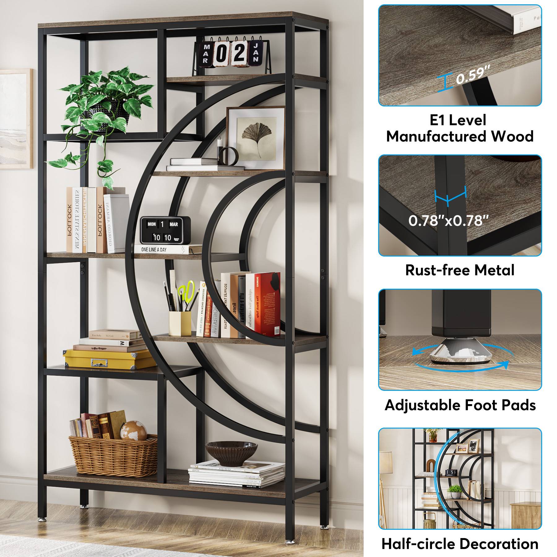 8-Tier Bookshelf, 180 cm Geometric Bookcase, Industrial Etagere Shelving Unit