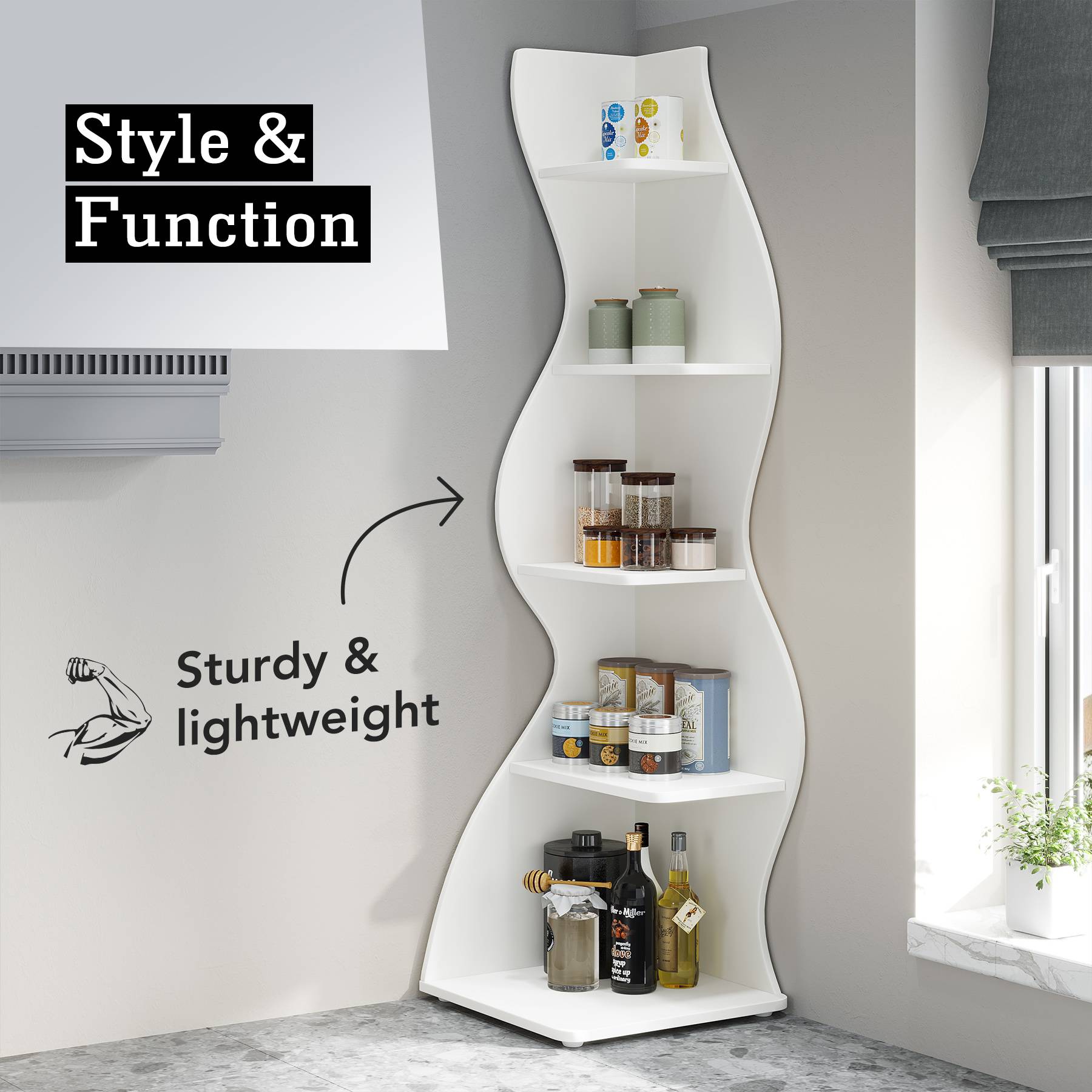 5-Tier Corner Shelf, Modern Wall Corner Bookshelf Bookcase (Converted to cm)