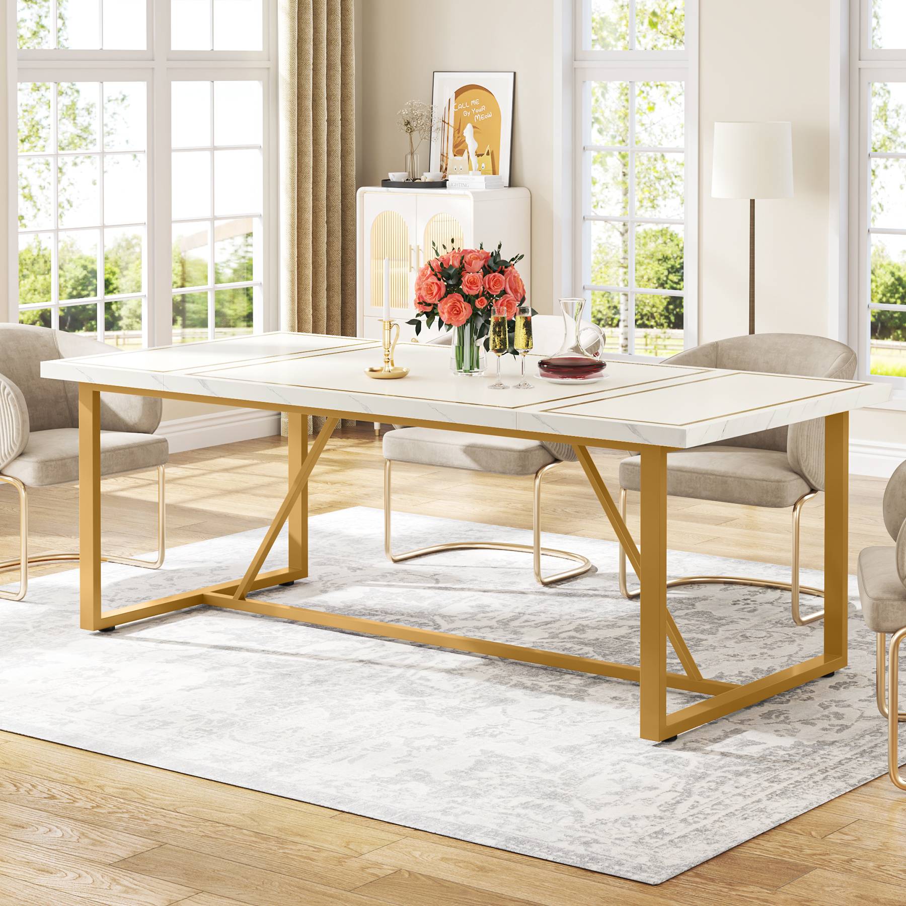 Modern Dining Table, 180 cm Rectangle Dinner Table for 6-8 People