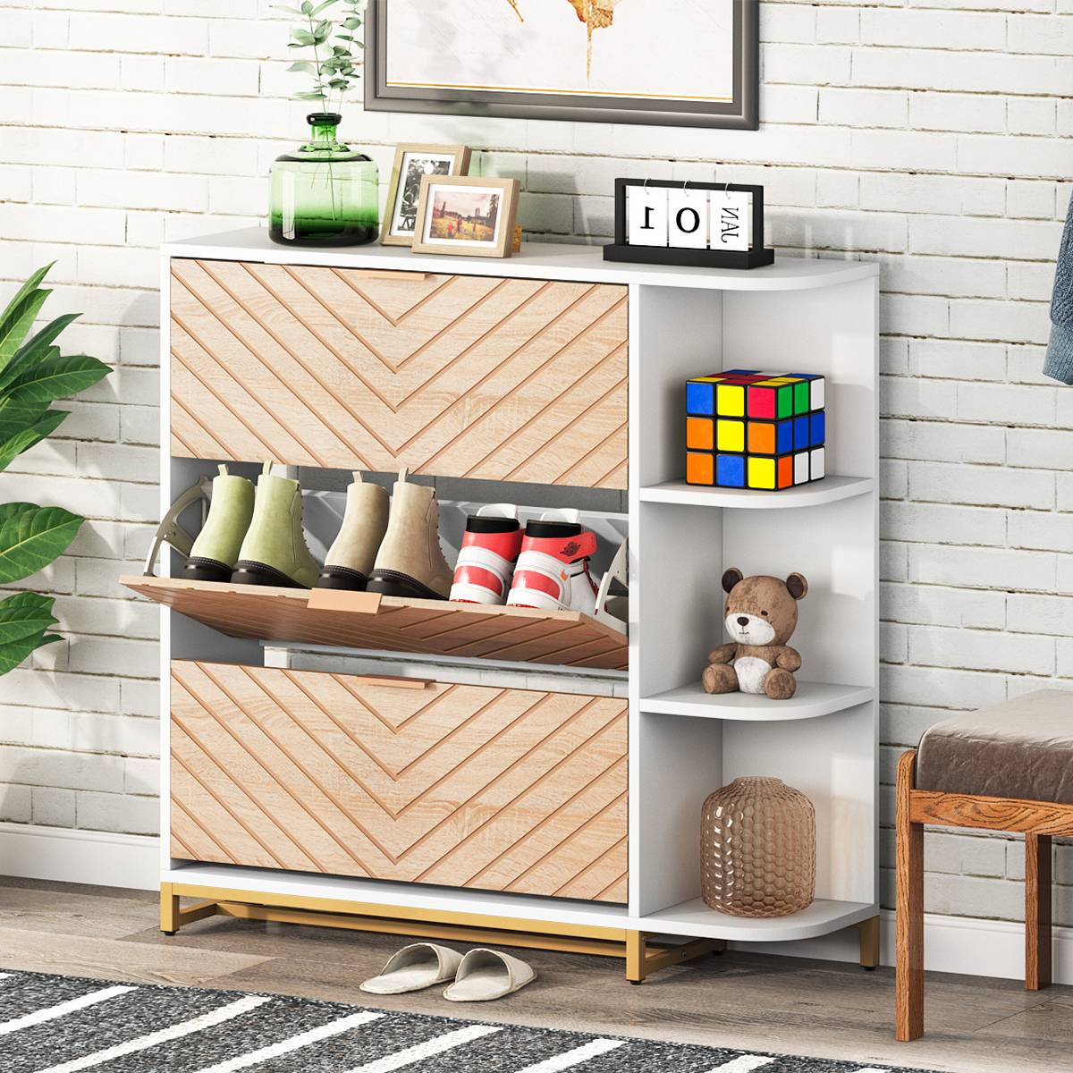 Modern Shoe Cabinet, Shoe Organizer with 3 Flip Drawers & Open Shelves (in cm)