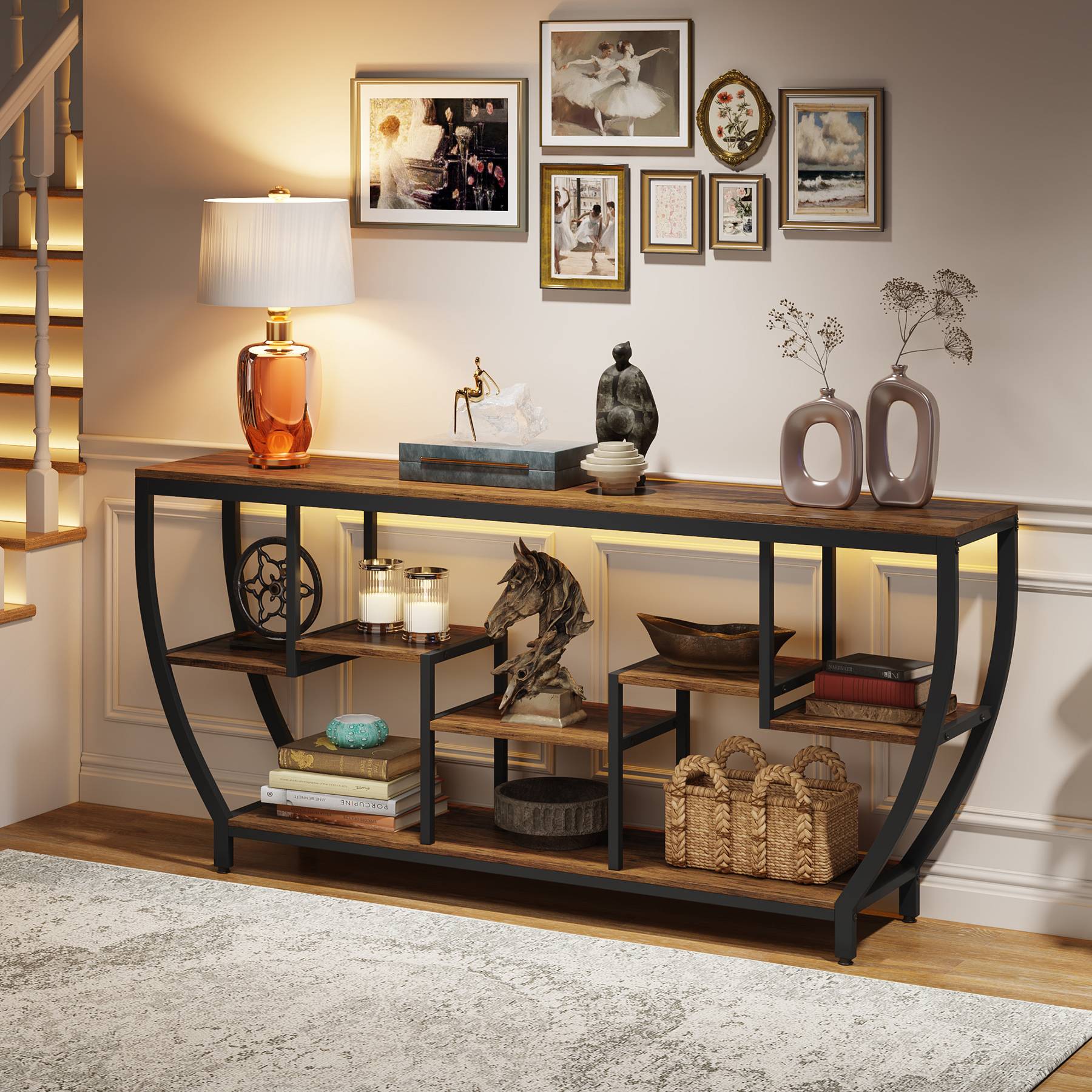 Industrial Console Table, 180 cm Entryway Sofa Table with Shelves