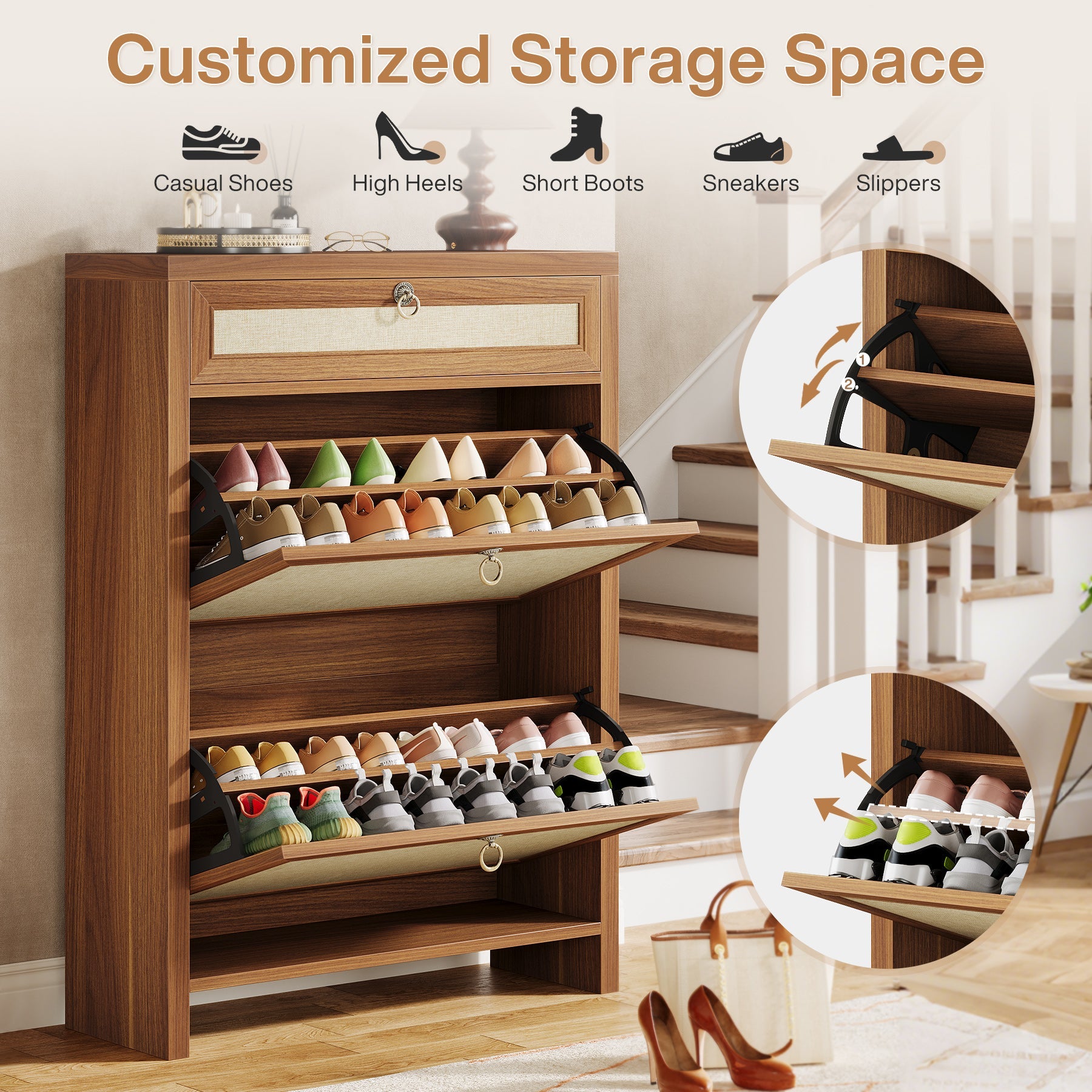 Farmhouse Shoe Cabinet, Slim Shoe Storage Organizer with 2 Flip Drawers (in cm)