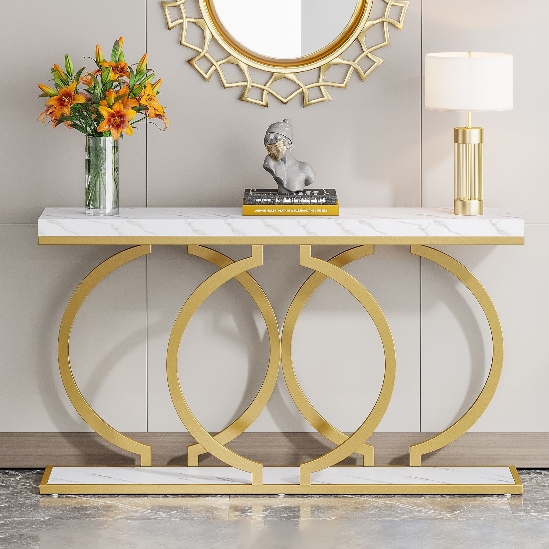 140 cm Console Table, Narrow Entryway Sofa Table with Geometric Metal Frame