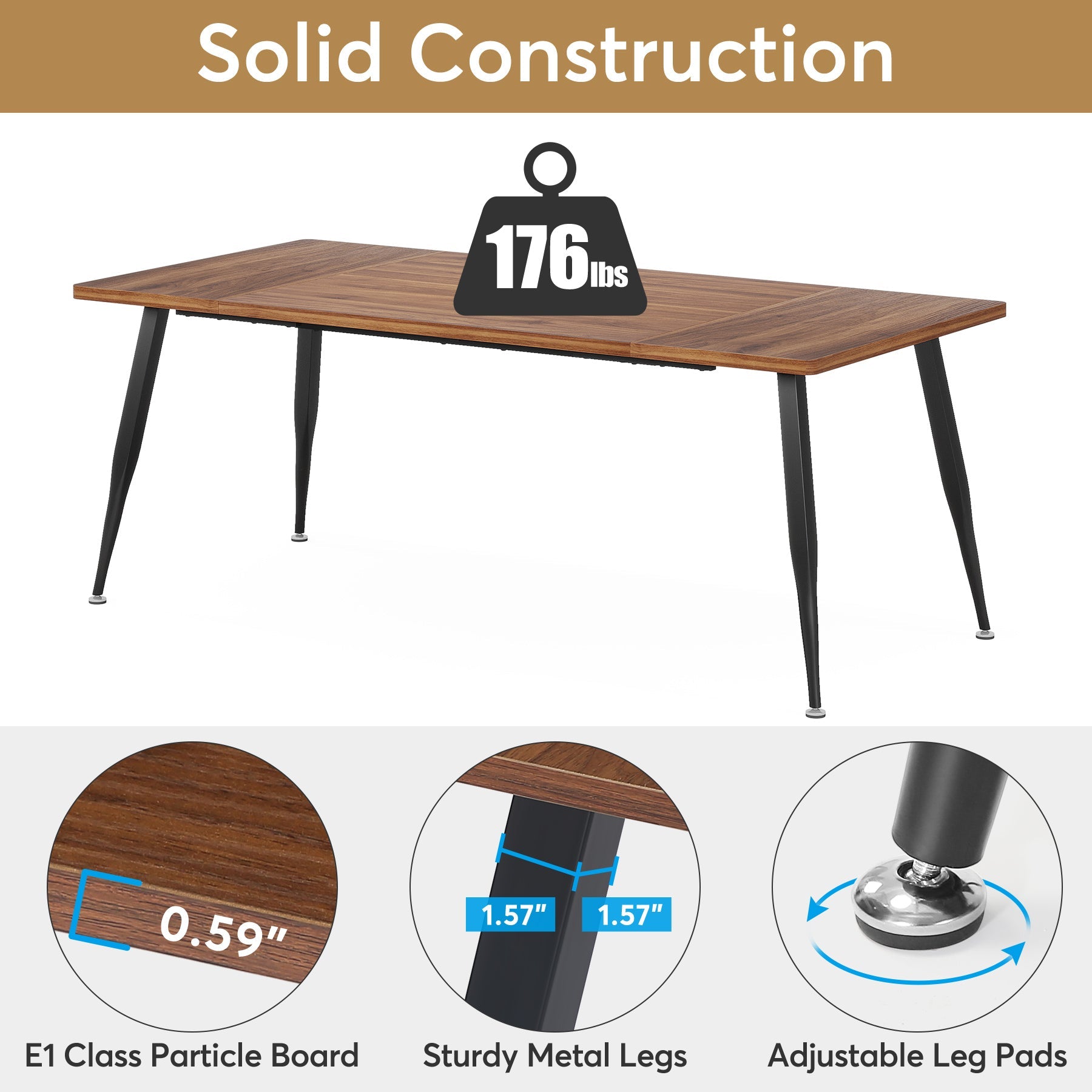 Industrial Dining Table, 180 cm Kitchen Dinner Table for 6 to 8 People