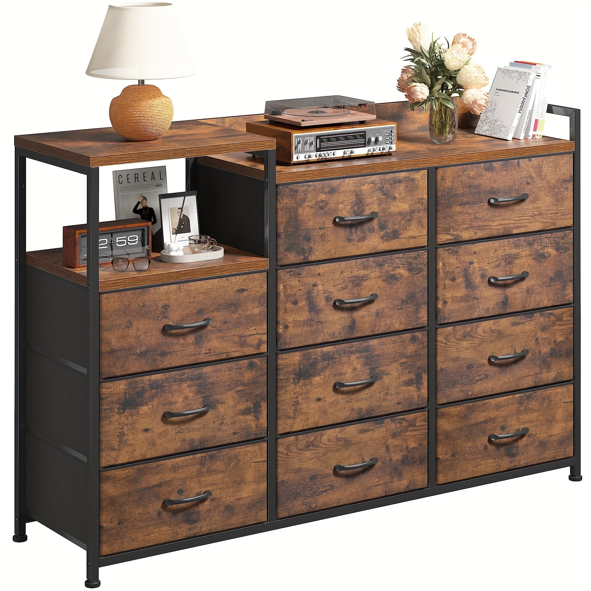 Dresser For Bedroom With 11 Drawers Long Dresser TV Stand With Shelves Wide Dressers & Chests Of Drawers Large Dresser For Bedroom Dresser, Sturdy Metal Frame, Wood Top, Rustic Brown