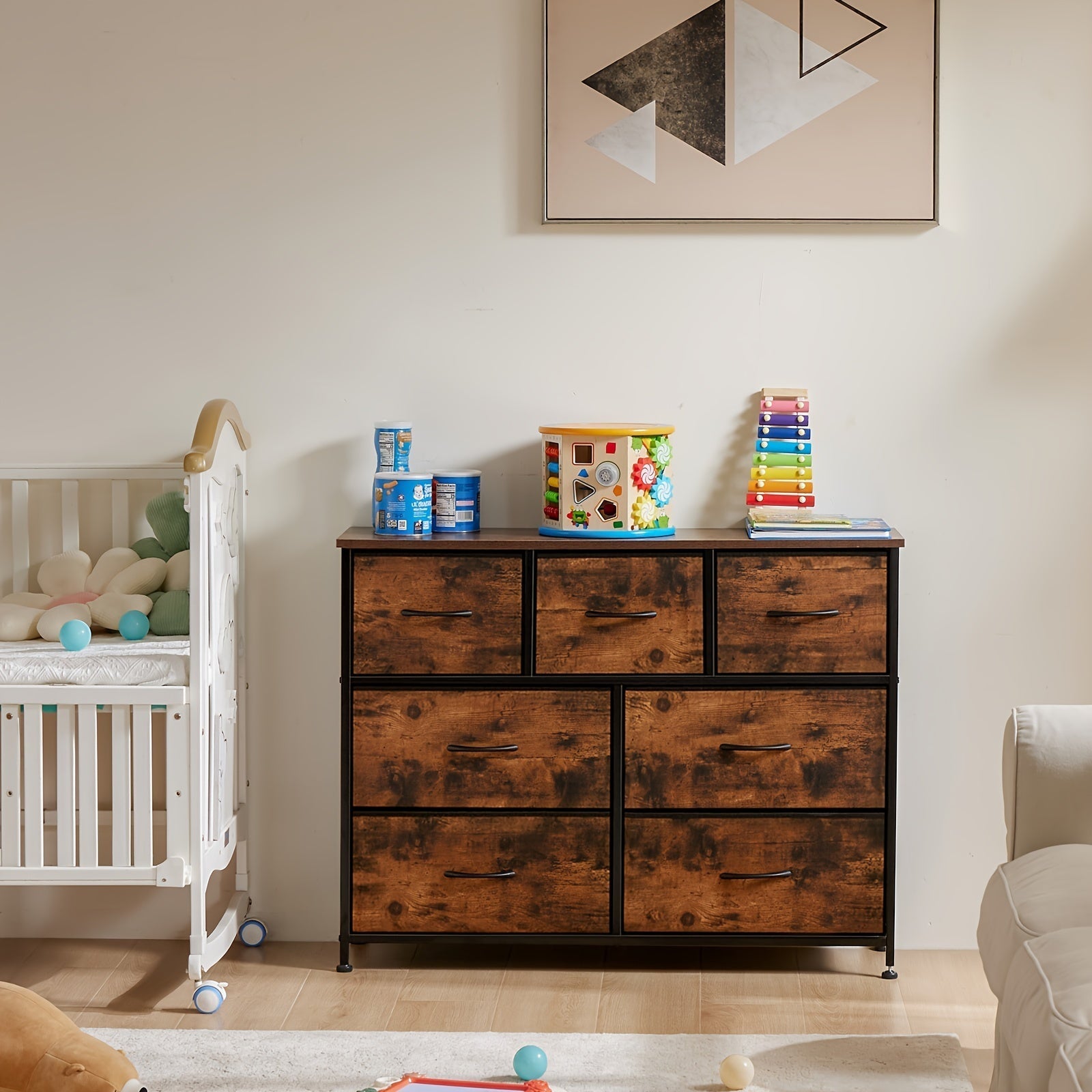 Dresser for Bedroom with 7 Drawers, Clothes Drawer Fabric Closet Organizer, Dresser with Metal Frame and Wood Tabletop, Chest Storage Tower for Room, Nursery, Living Room, Entryway